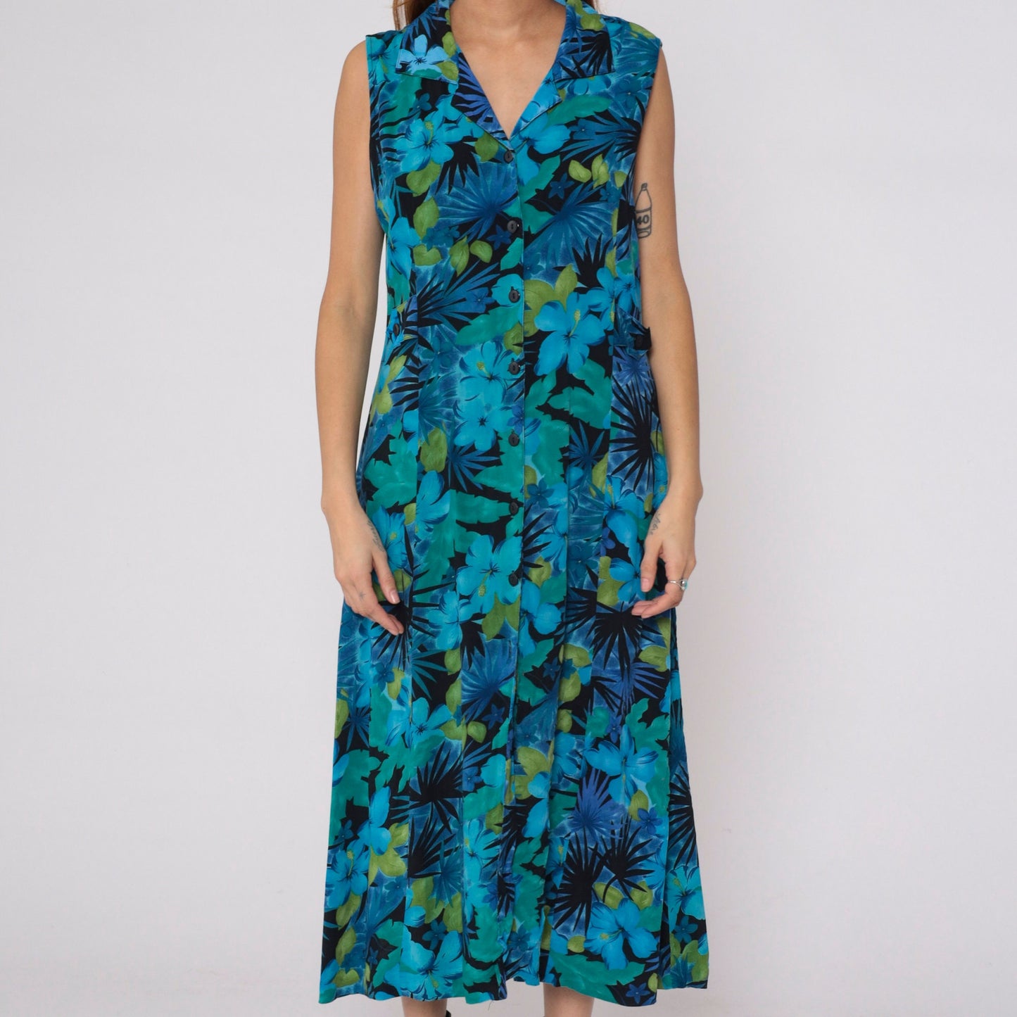 90s Tropical Floral Midi Dress Blue Hibiscus Leaf Print Collared Sleeveless Large