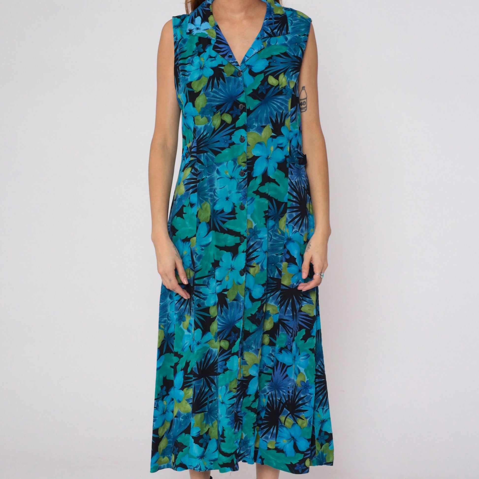 90s Tropical Floral Midi Dress Blue Hibiscus Leaf Print Collared Sleeveless Large