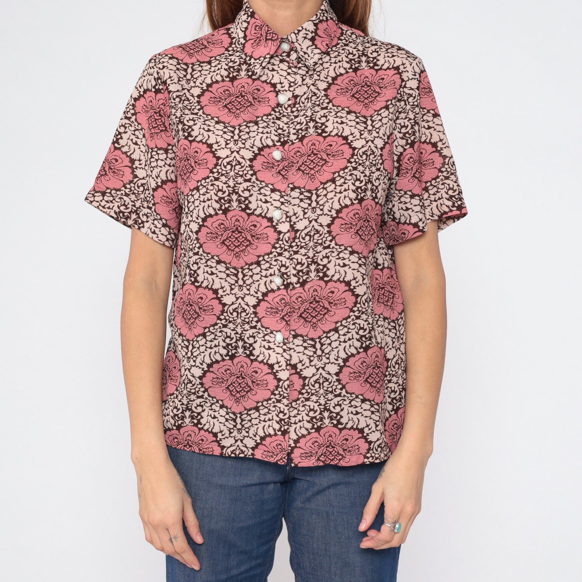 90s Floral Button-Up Blouse Brown Pink Cream Flower Print Short Sleeve Medium