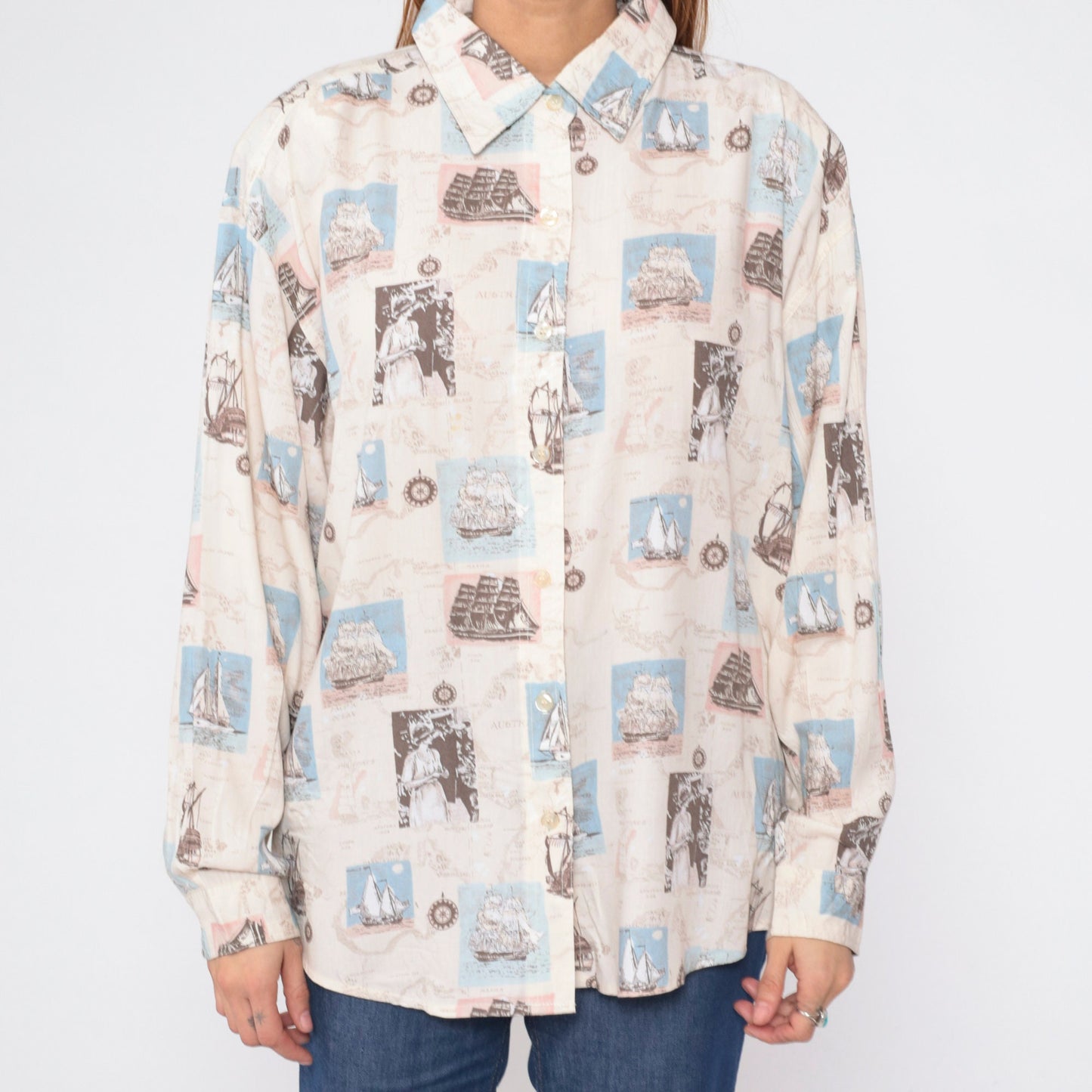 90s Bill Blass Nautical Print Button-Up Blouse Sailboat Compass Long Sleeve Large