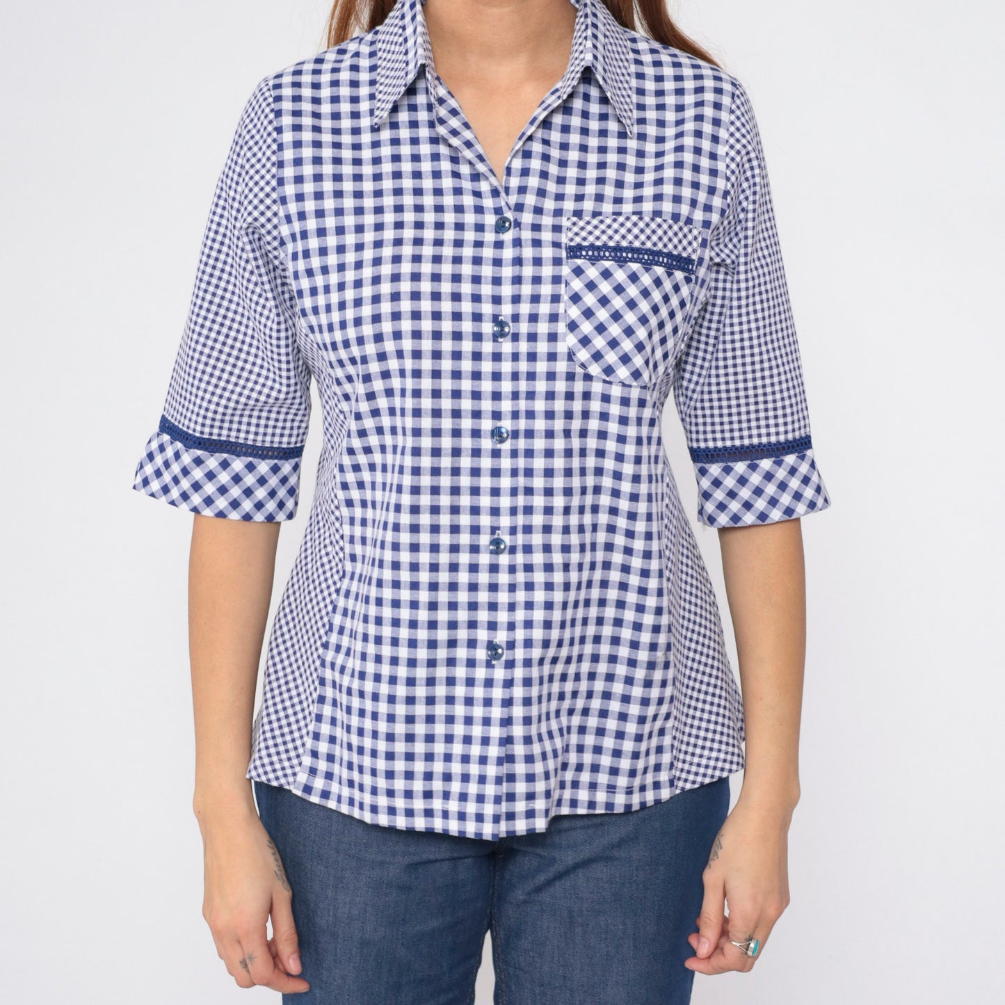 90s Blue White Gingham Button-Up Blouse Half Sleeve Collared Shirt Medium