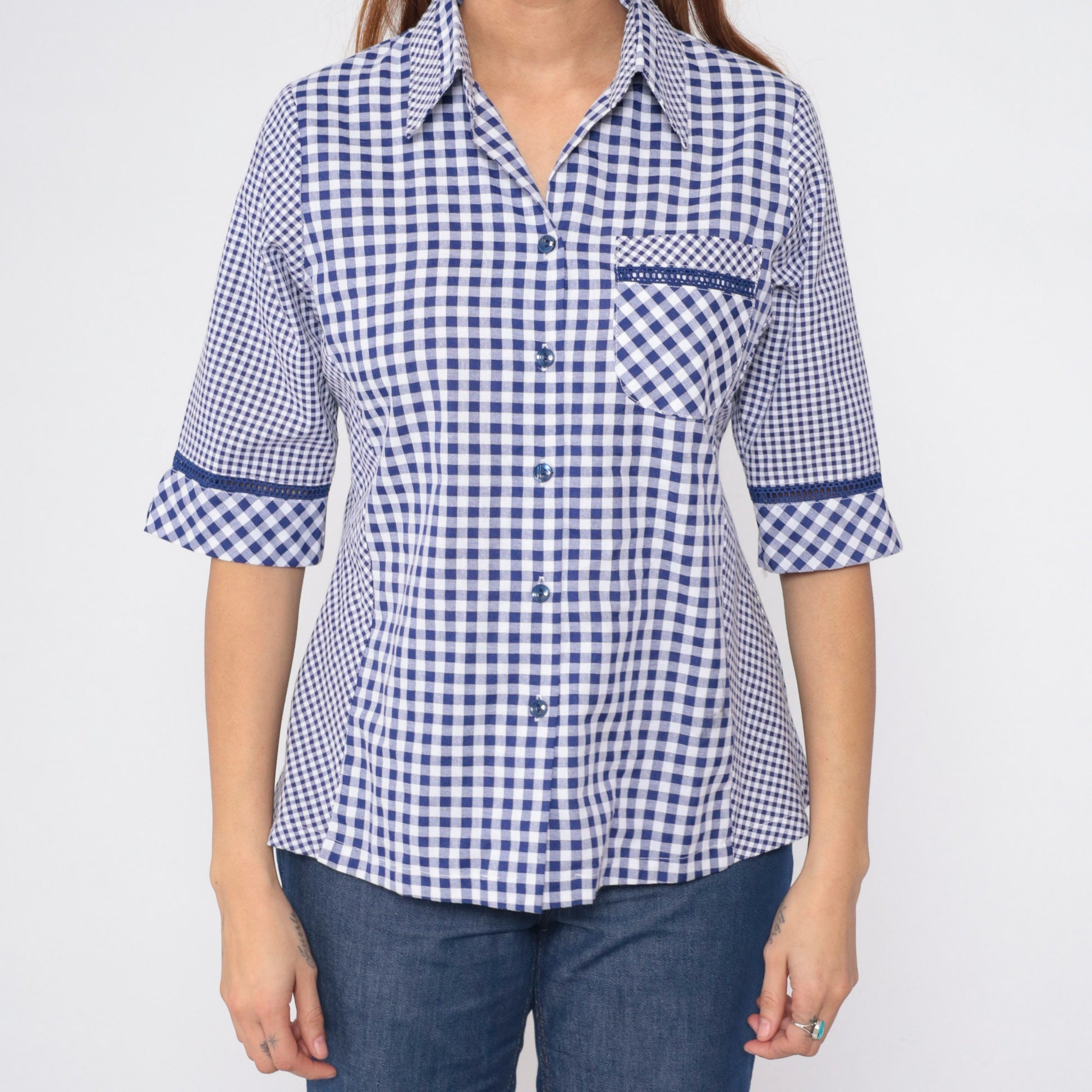 90s Blue White Gingham Button-Up Blouse Half Sleeve Collared Shirt Medium