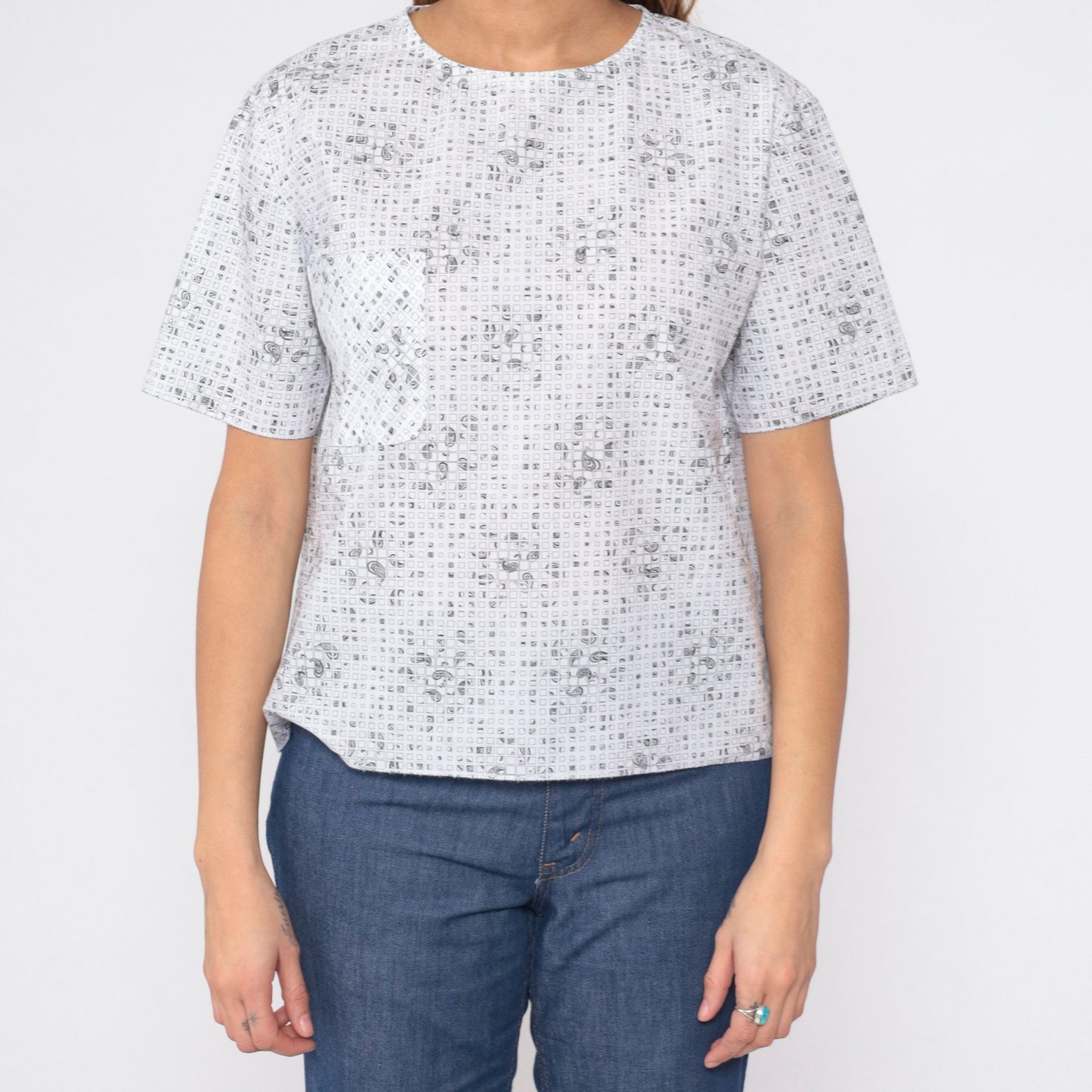 90s Checkered Paisley White T-Shirt Pocket Tee Short Sleeve Medium M