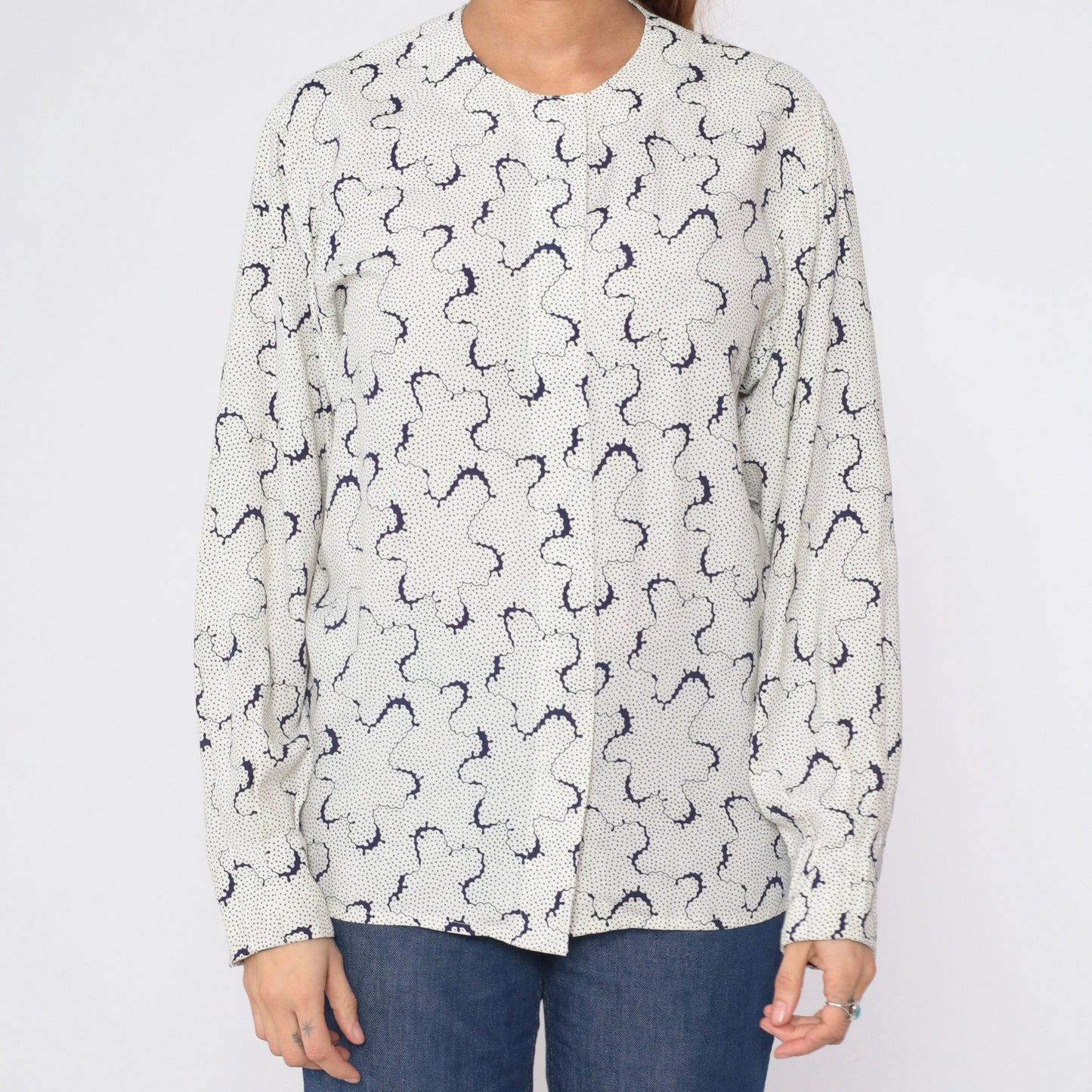 90s Evan Picone Abstract Dot Print Button-Up Blouse White Long Sleeve Medium