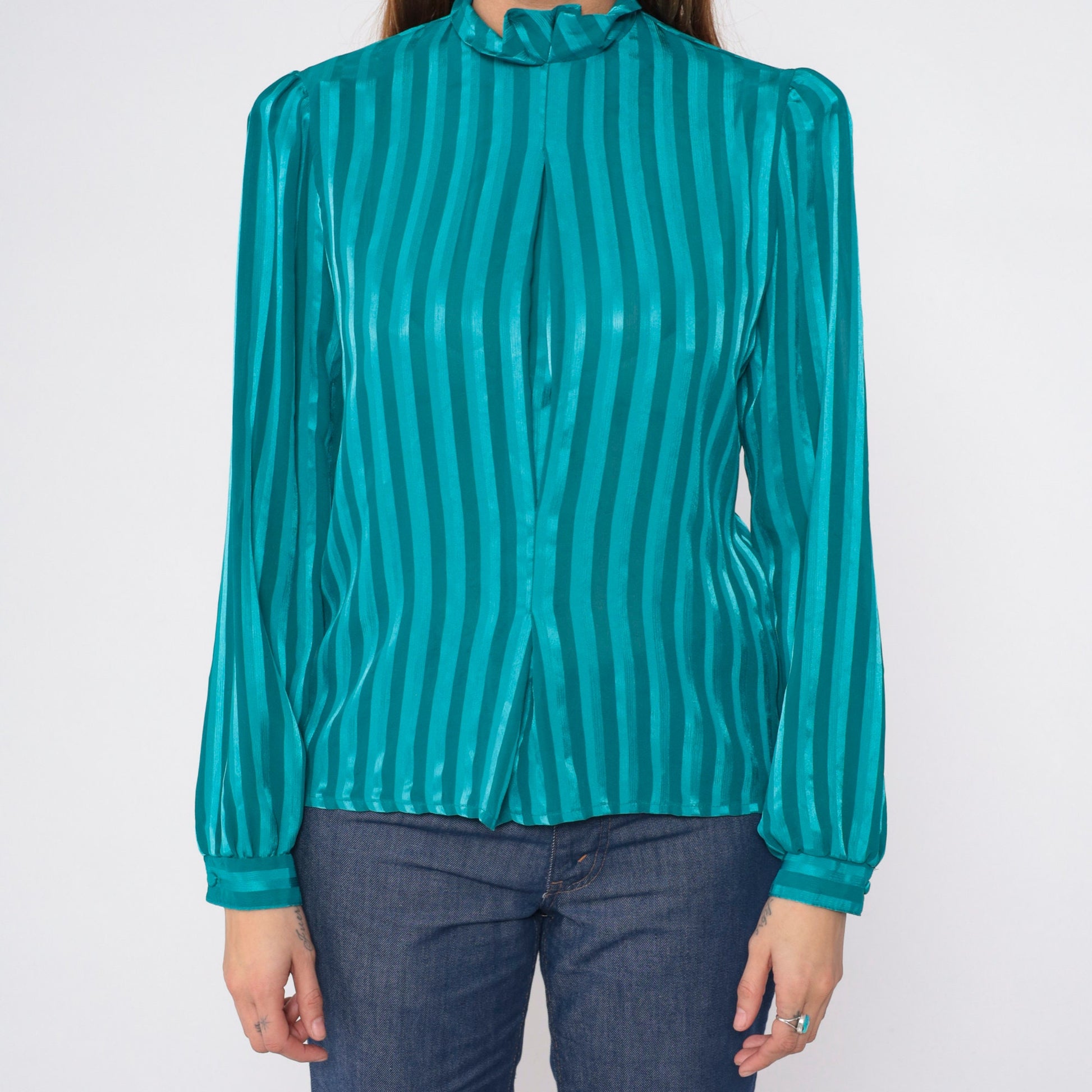 90s Lillian Lawrence Striped Blouse Teal Puff Sleeve Mock Neck Medium M