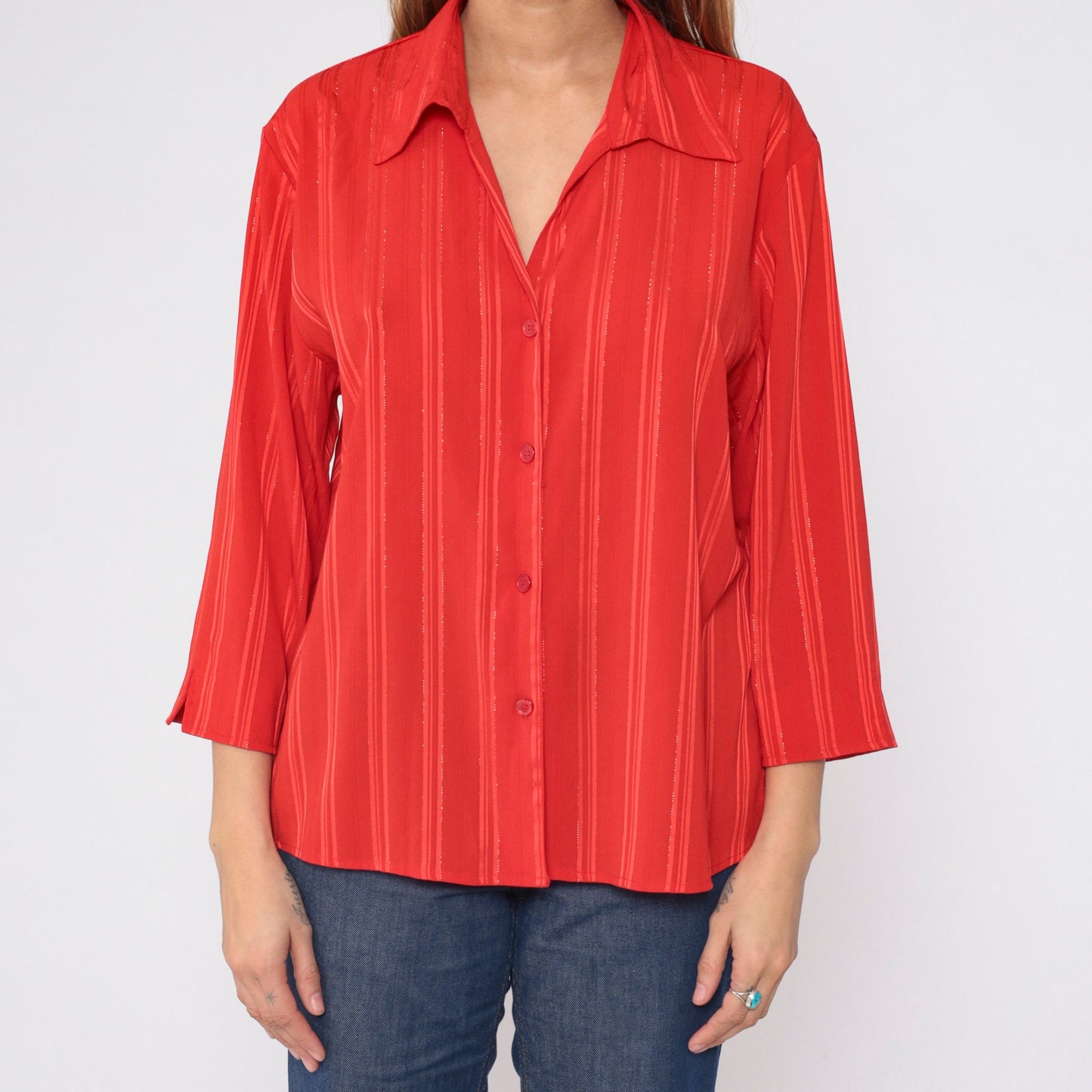 90s Red Metallic Striped Button-Up Blouse Collared V-Neck Large L