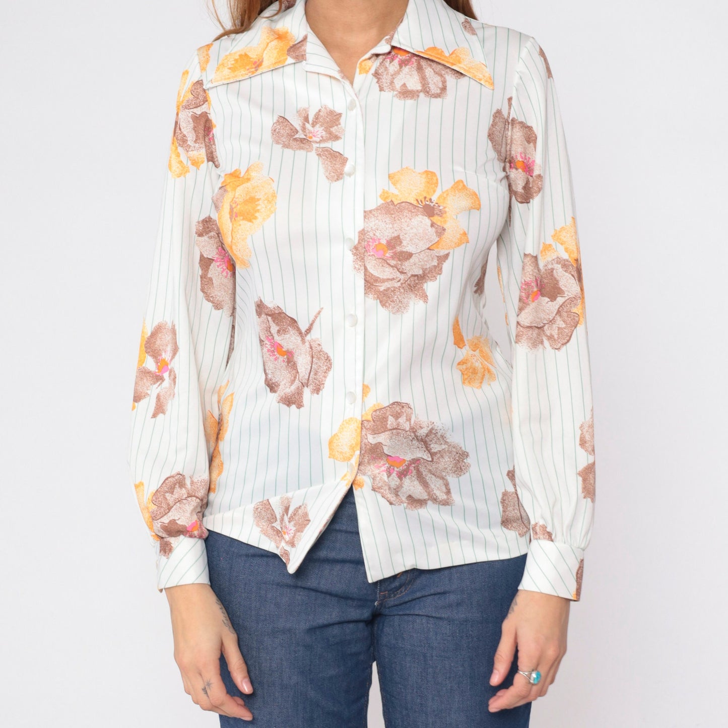 70s Striped Floral White Button-Up Blouse Pointed Collar Long Sleeve Small