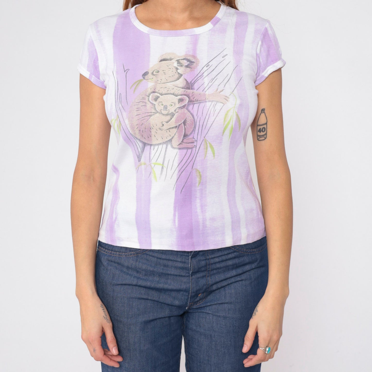 80s Koala Mama Baby Graphic T-Shirt Purple White Striped Cap Sleeve Small Medium