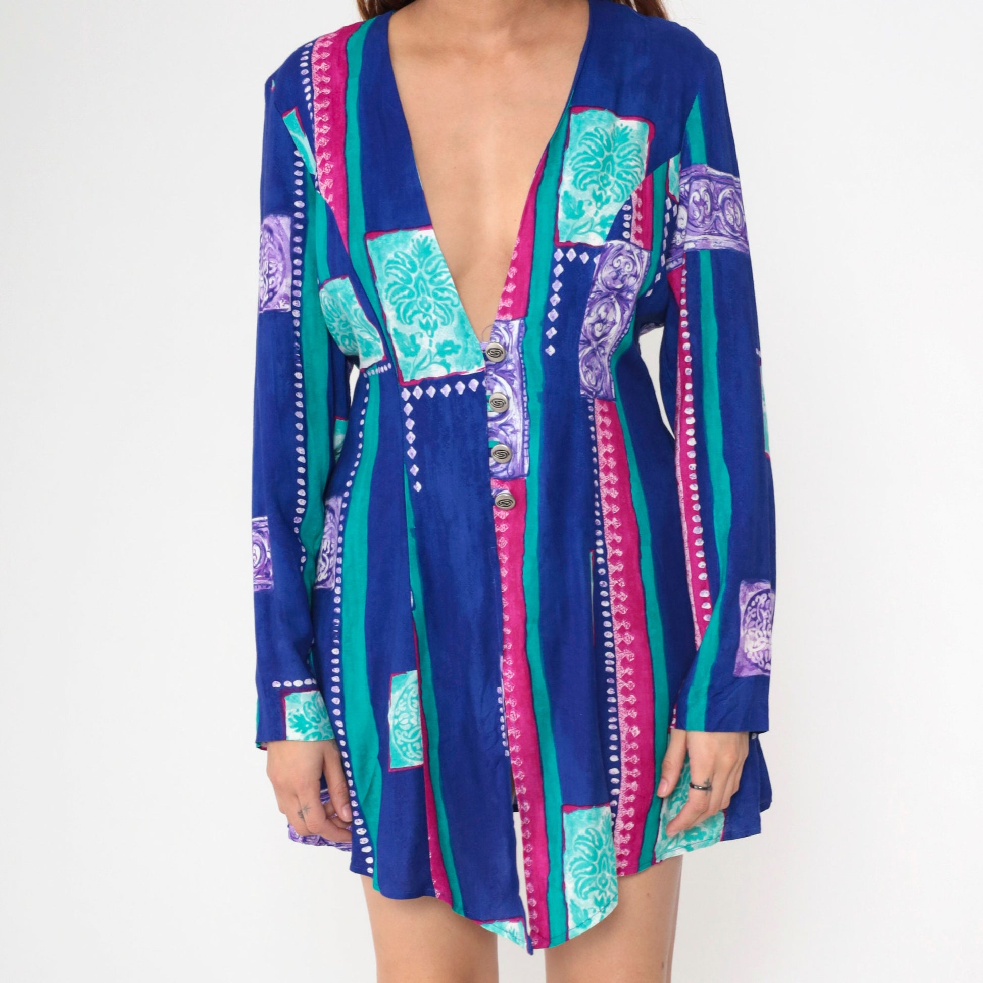 90s Anthony Mark Hankins Floral Striped Button-Up Blouse Deep V Neck Blue Medium