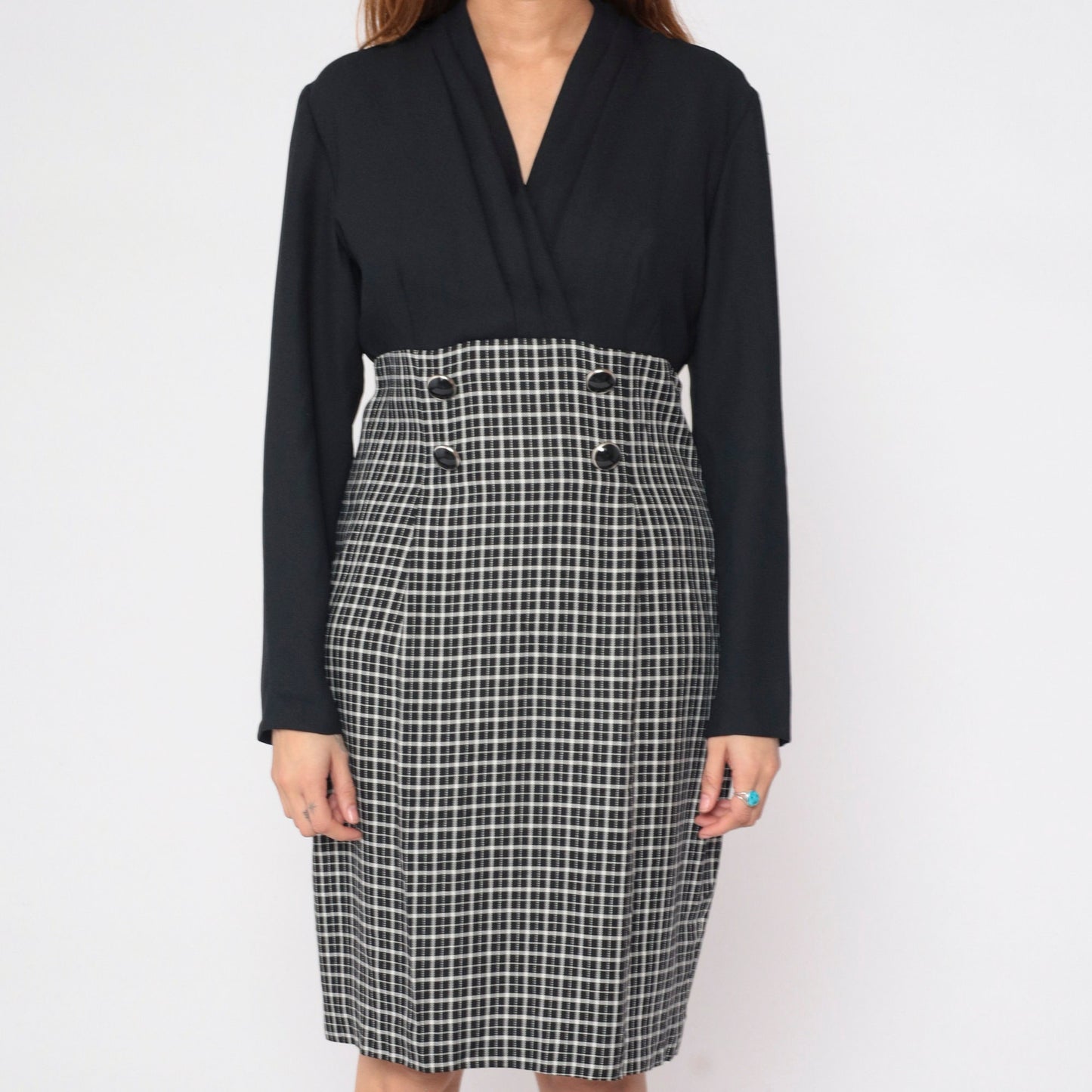 90s Black White Checkered Sheath Dress Surplice Neckline Long Sleeve Medium