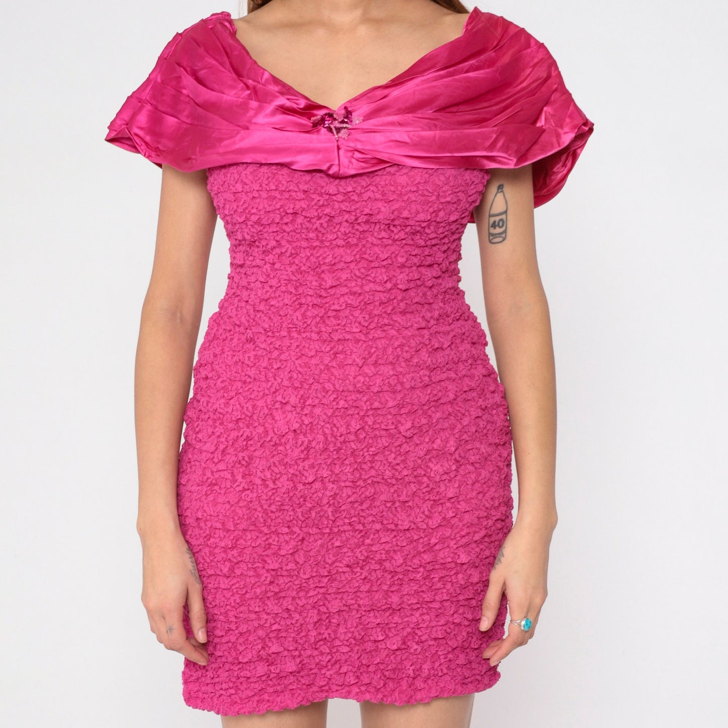 90s Hot Pink Lace Bodycon Mini Dress Bardot Sequin Beaded Trim Small