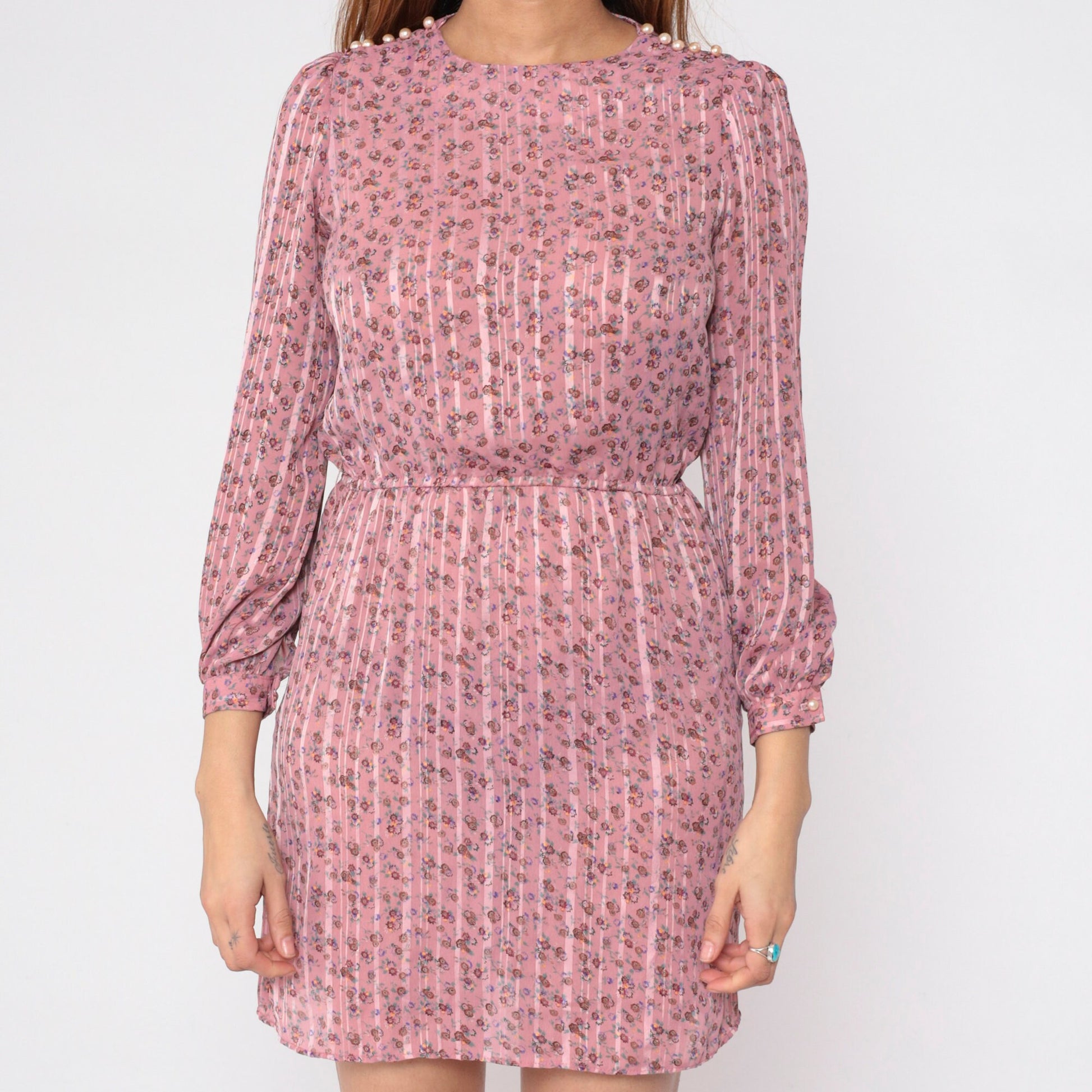 70s Pink Floral Striped Mini Dress Puff Sleeve Pearl Buttons High Waist Small