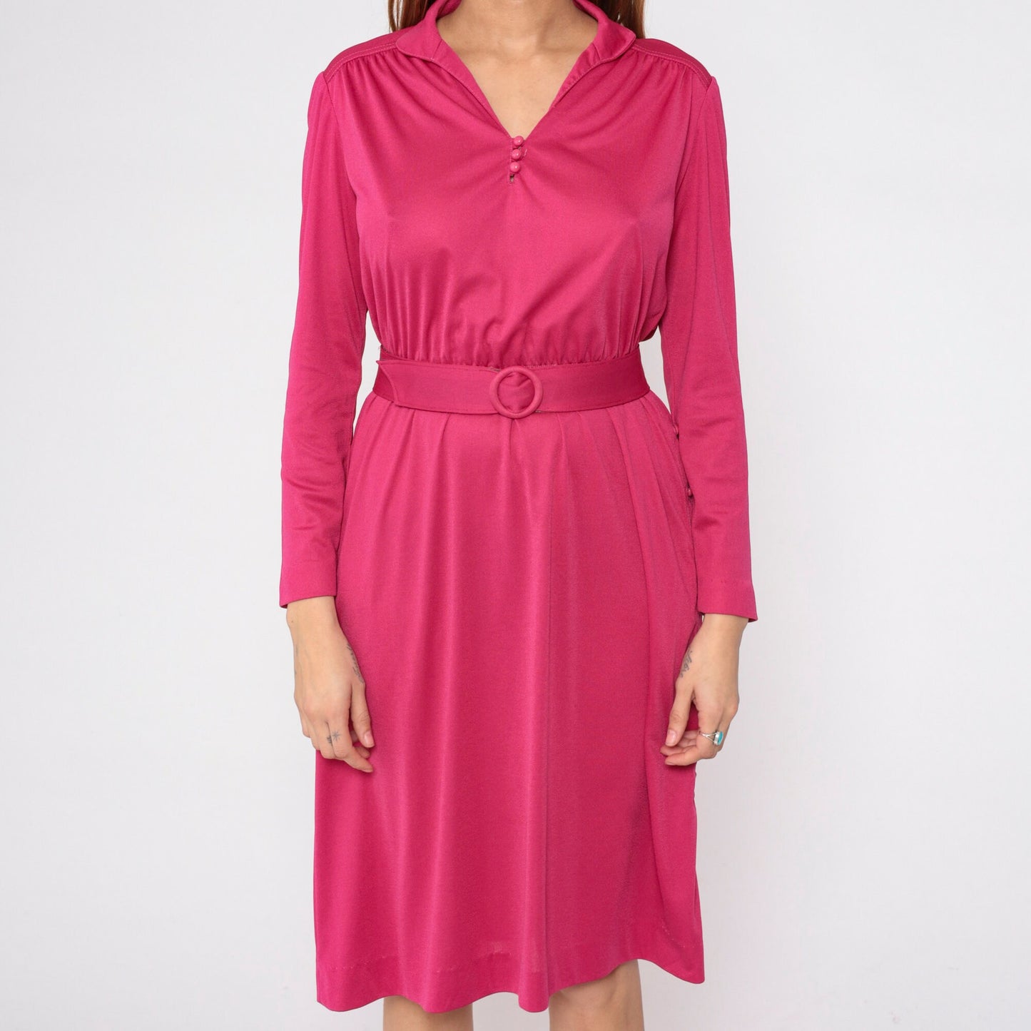 70s Leslie Faye Midi Dress Pink Blouson Long Sleeve Belted Small