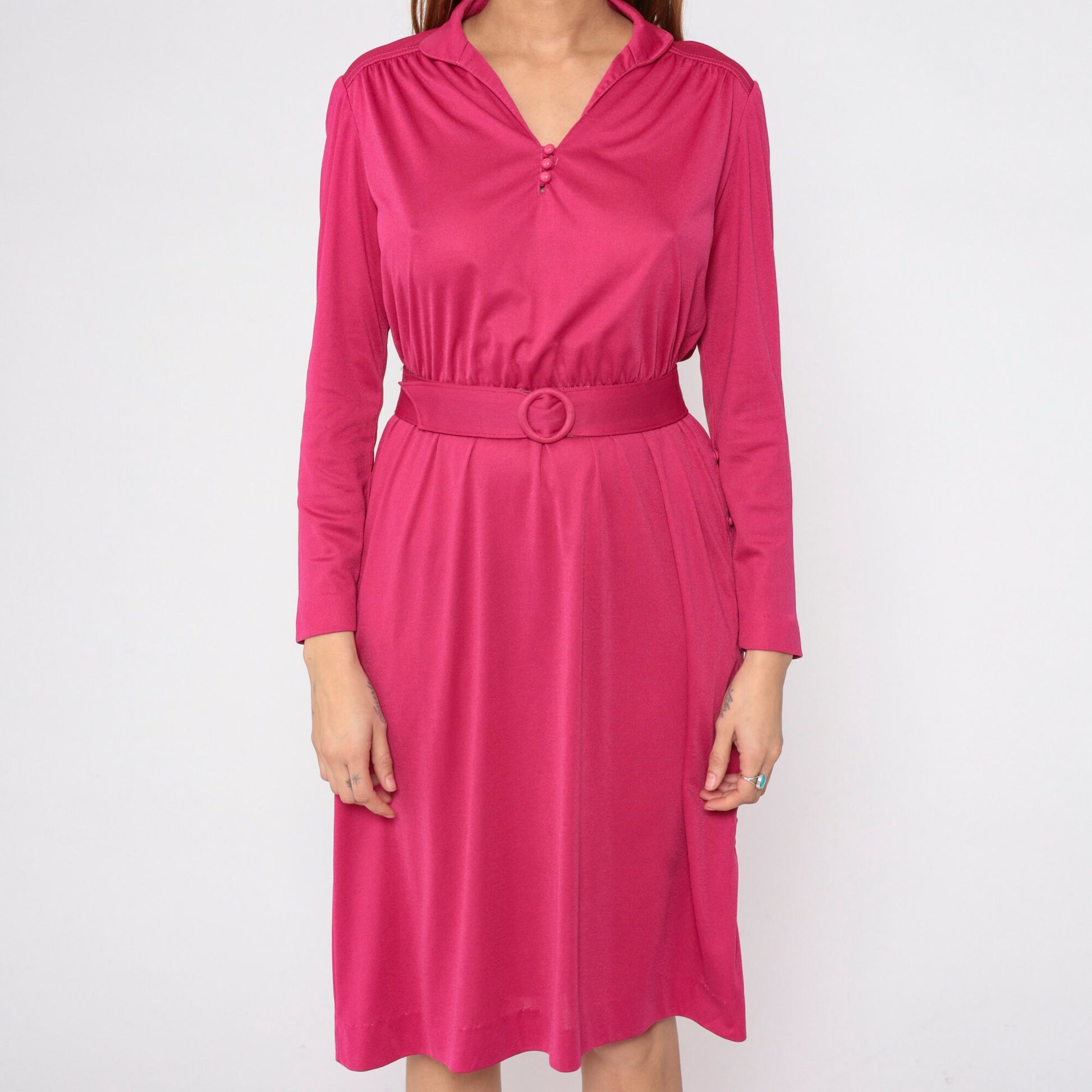 70s Leslie Faye Midi Dress Pink Blouson Long Sleeve Belted Small