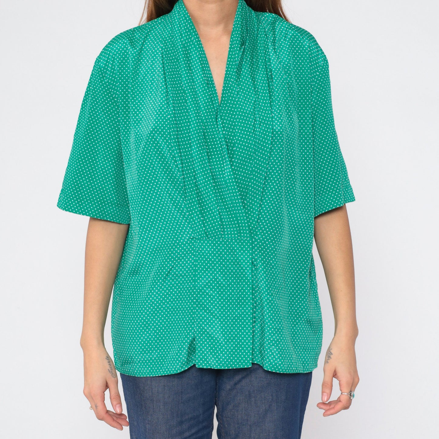 90s Green Polka Dot Blouse V-Neck Pleated Short Sleeve Shirt Large L