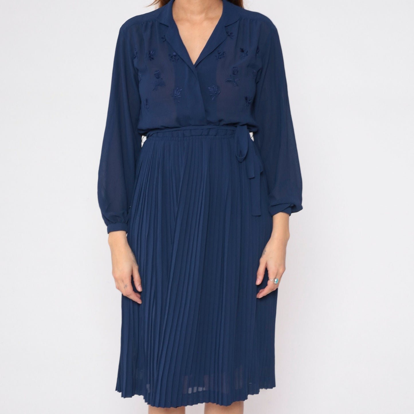 70s Navy Floral Sheer Dress High Waist Pleated Midi Long Sleeve Small