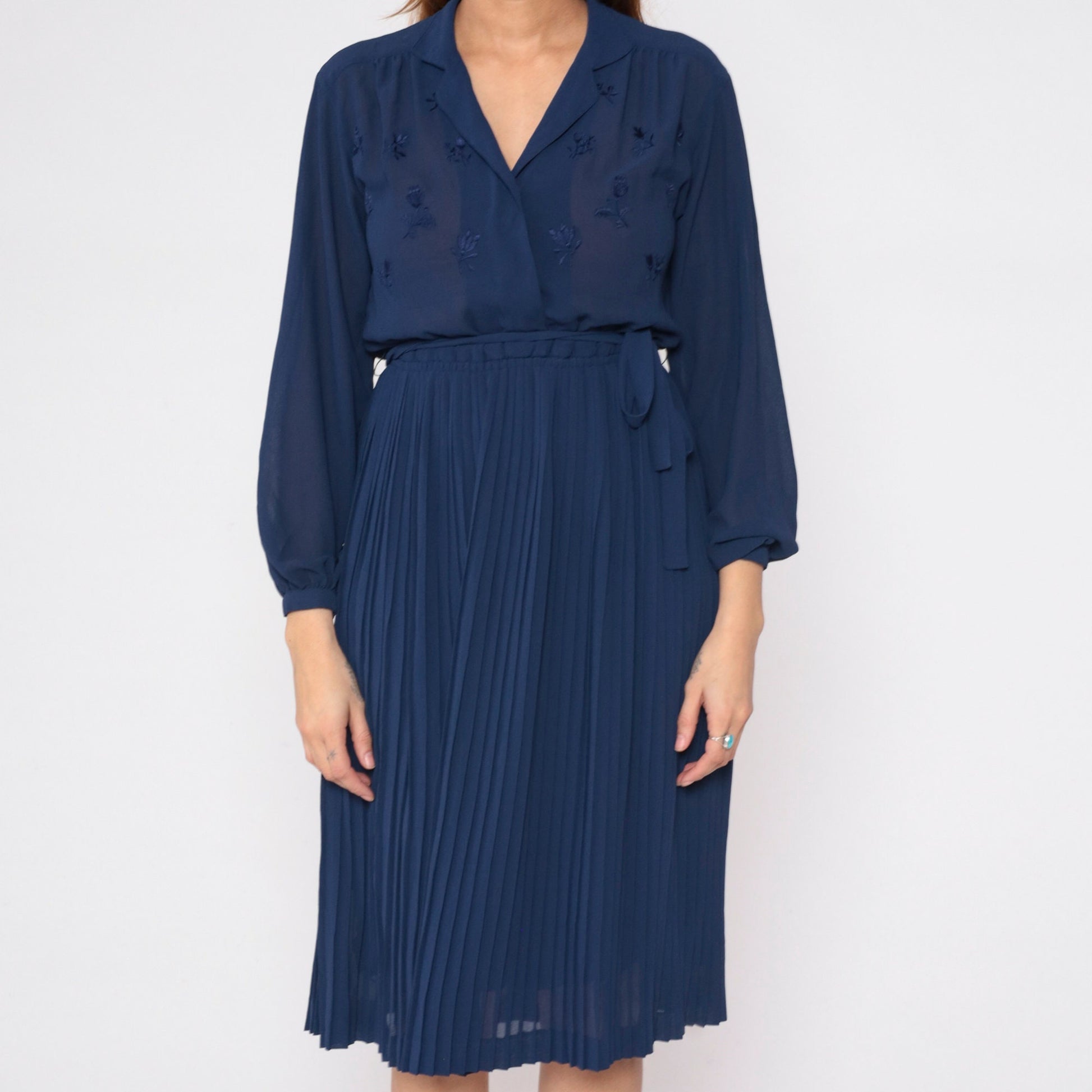 70s Navy Floral Sheer Dress High Waist Pleated Midi Long Sleeve Small