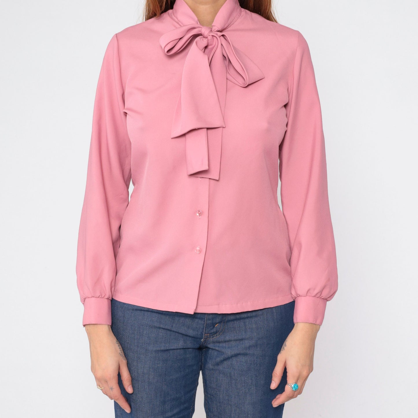80s Judy Bond Pink Necktie Blouse Long Sleeve Button Up Medium M
