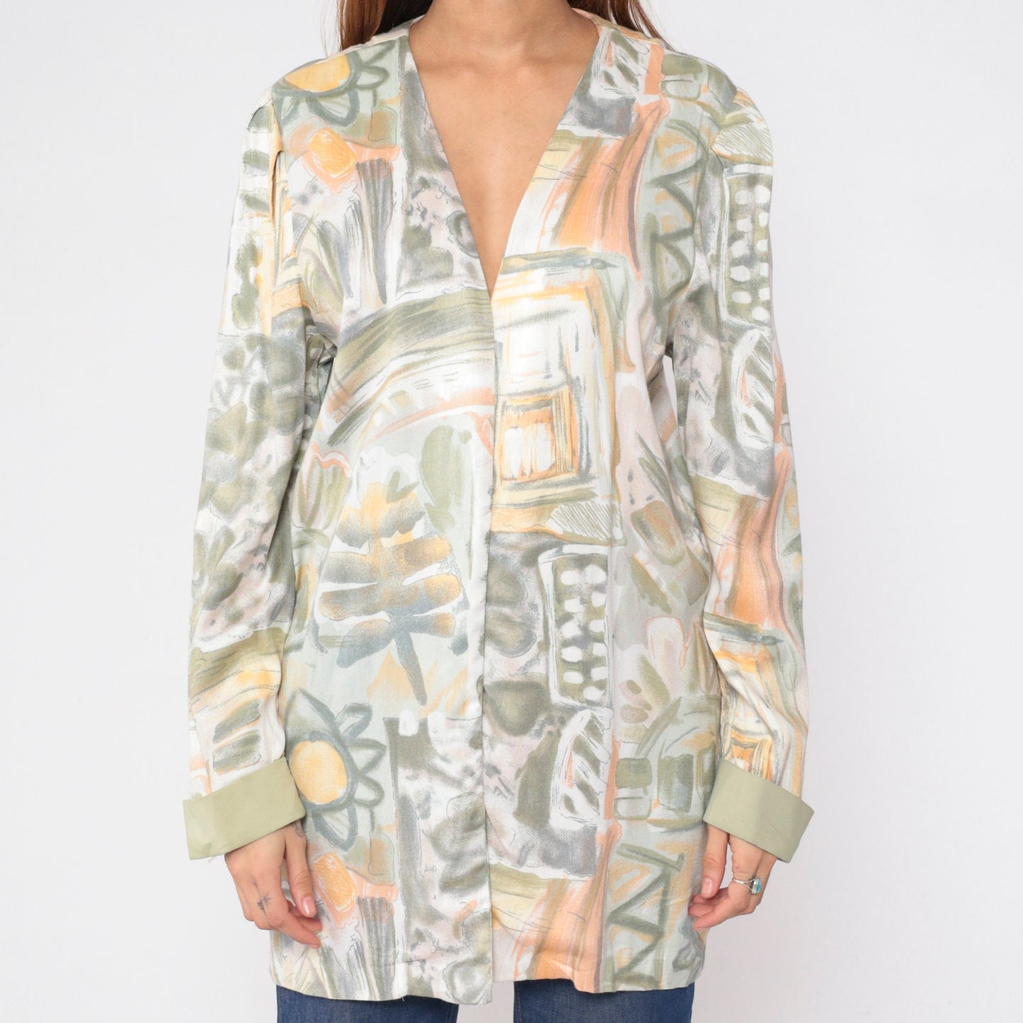 90s Abstract Floral Open Front Jacket Daisy Leaf Print Rayon Medium