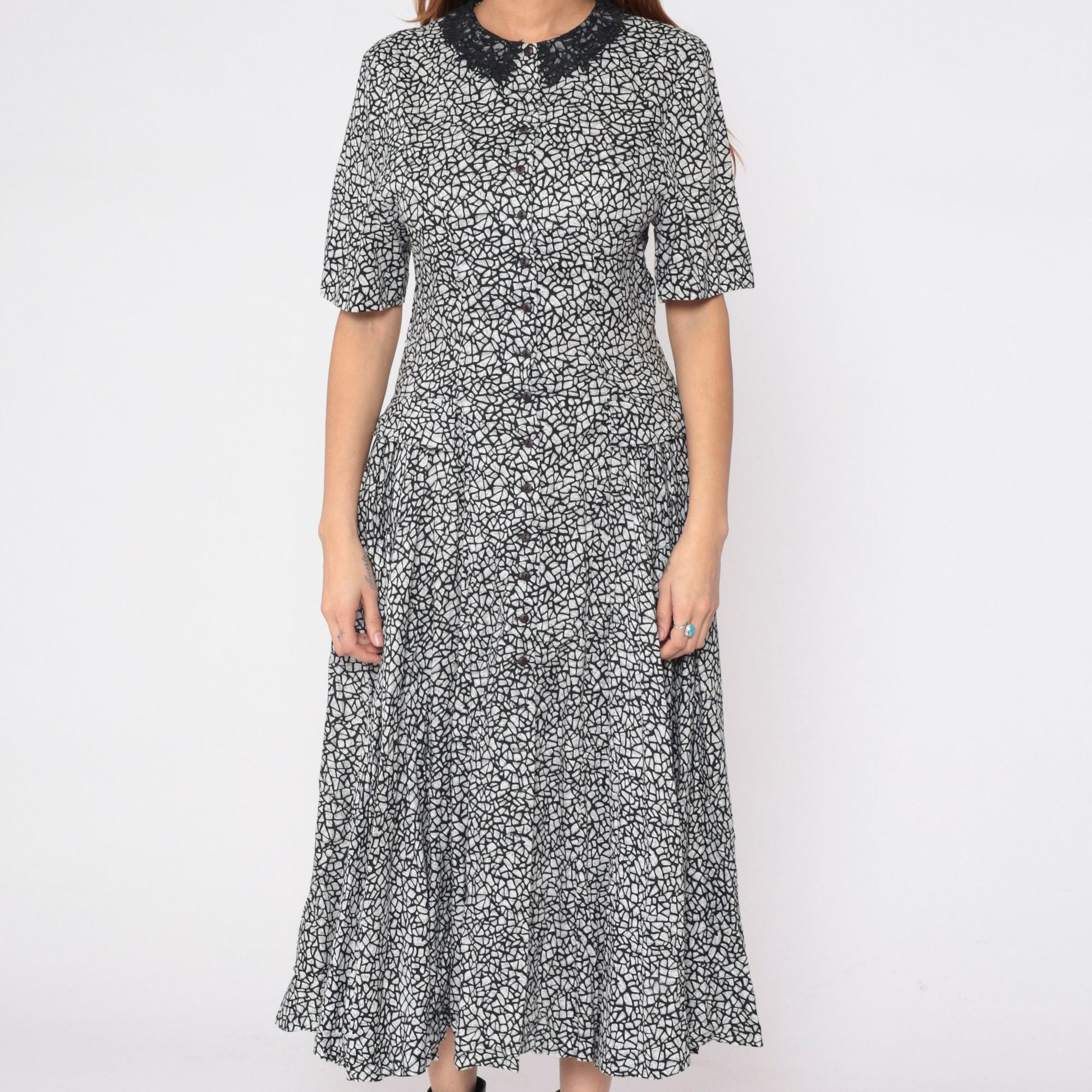 80s Diane Von Furstenberg Mosaic Print Midi Dress Black White Lace Collar Small 6