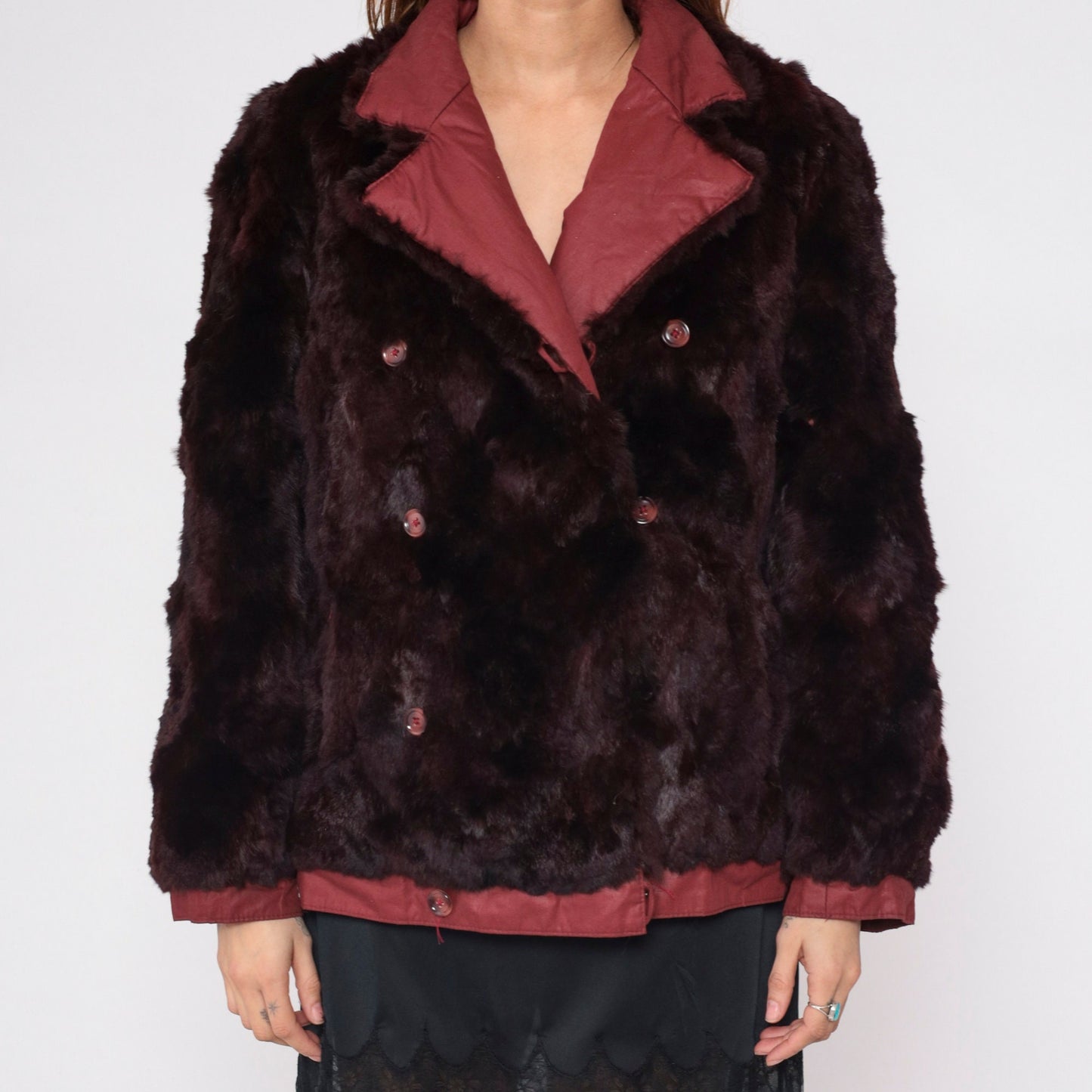 80s Burgundy Fur Double Breasted Pea Coat Reversible Medium