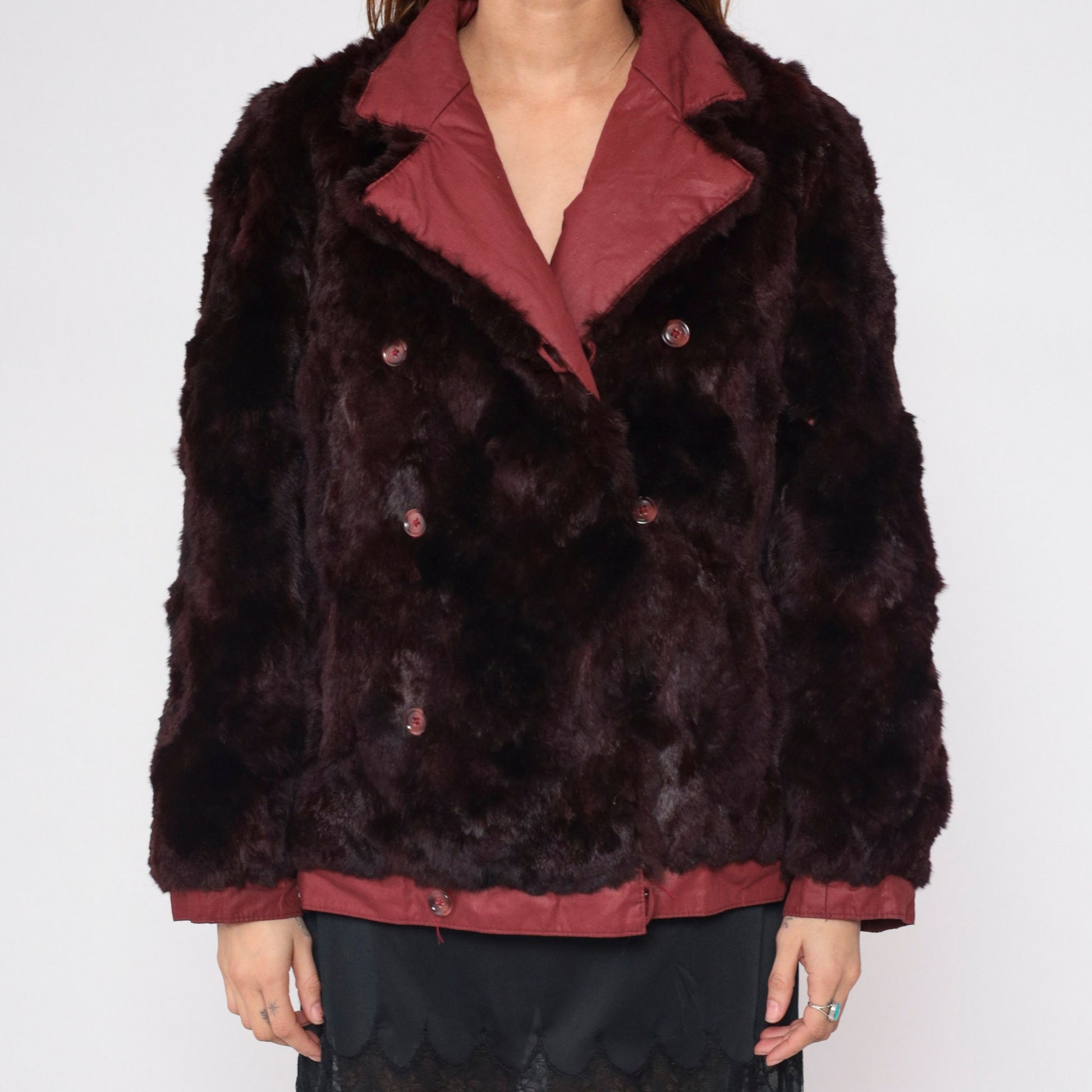 80s Burgundy Fur Double Breasted Pea Coat Reversible Medium