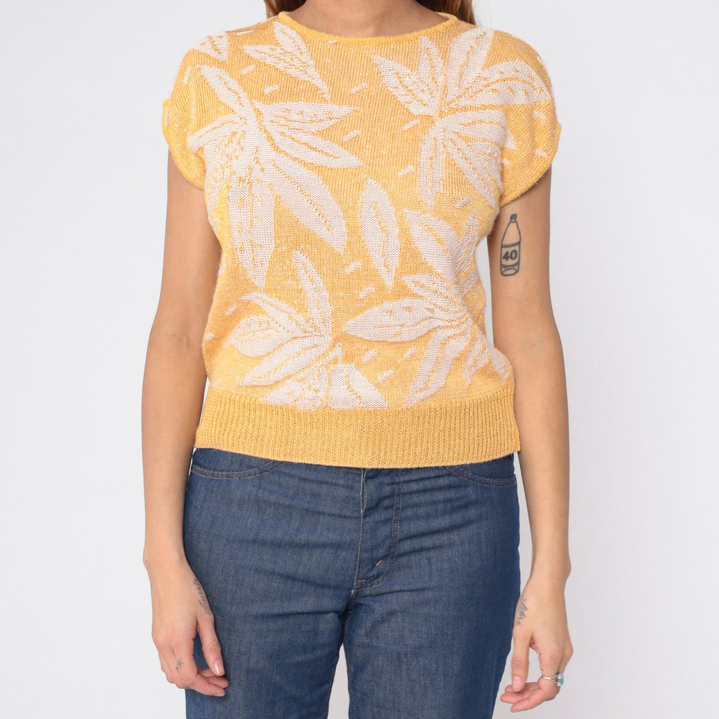 80s The Villager Petites Floral Knit Sweater Yellow Cap Sleeve Small
