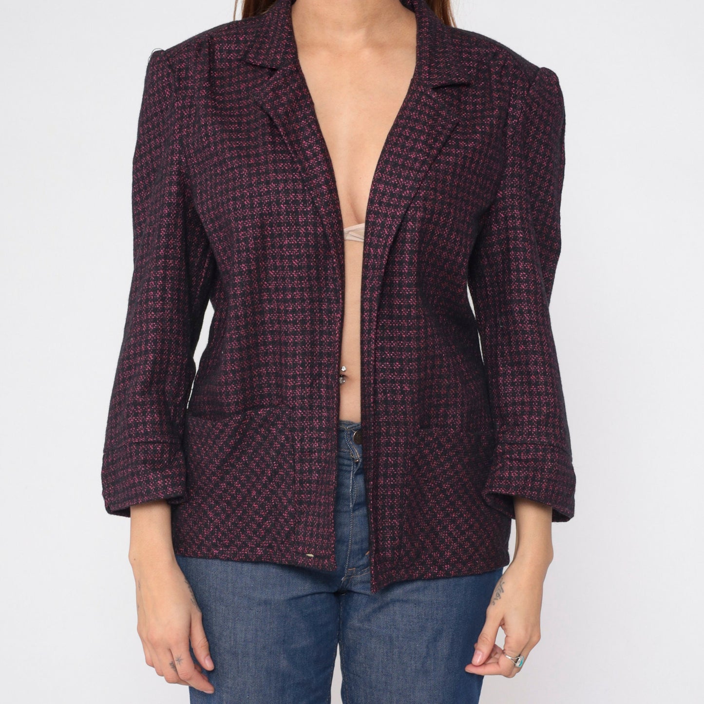 90s Metallic Checkered Blazer Pink Black Open Front Wool Blend Large L