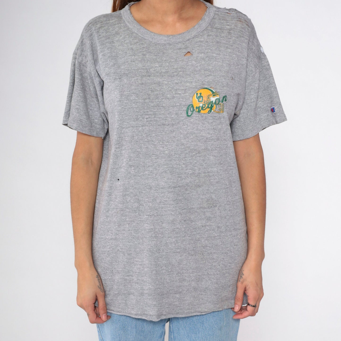 80s University of Oregon Champion Football Graphic Tee Grey Distressed Medium