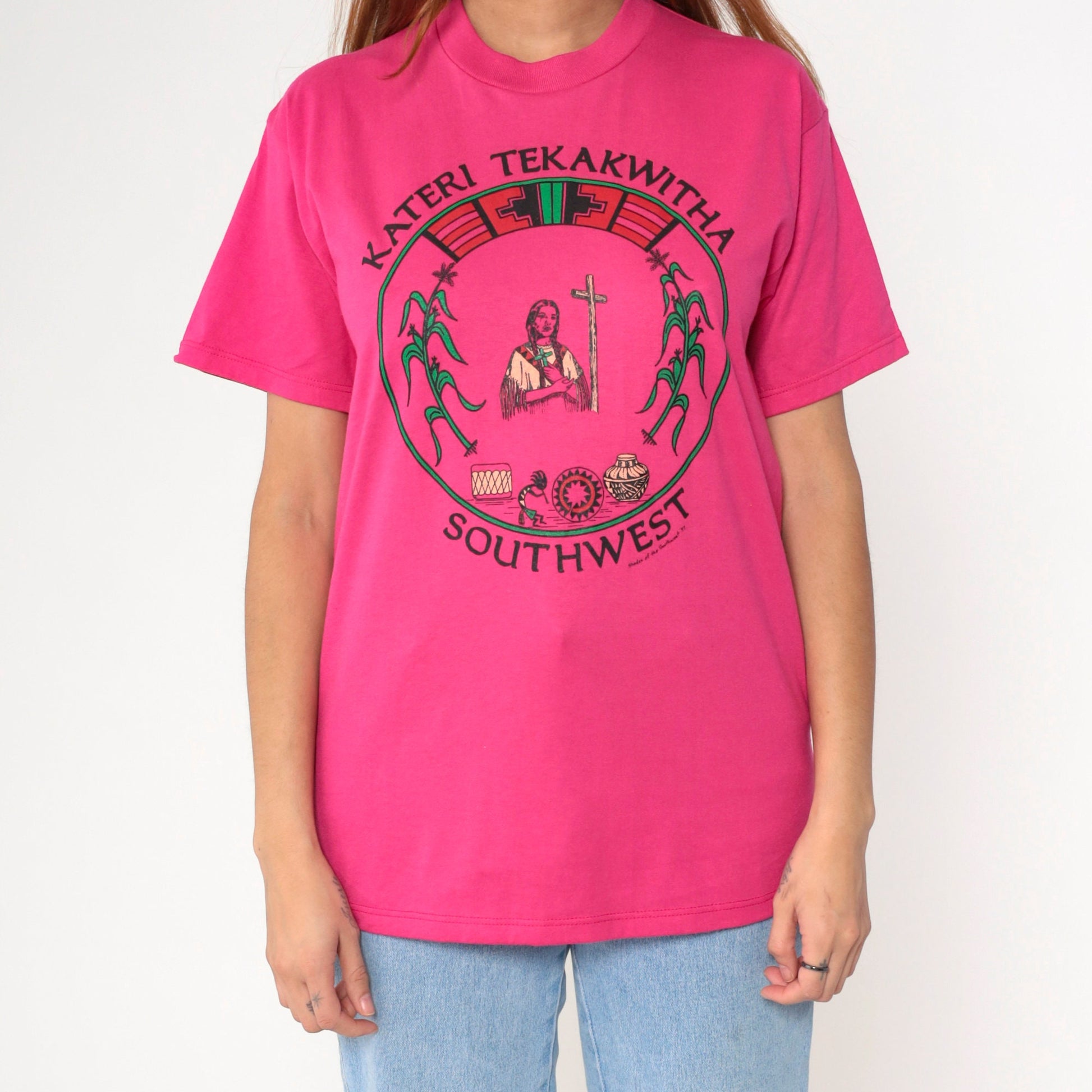 90s Kateri Tekakwitha Native American Saint Graphic T-Shirt Pink Small