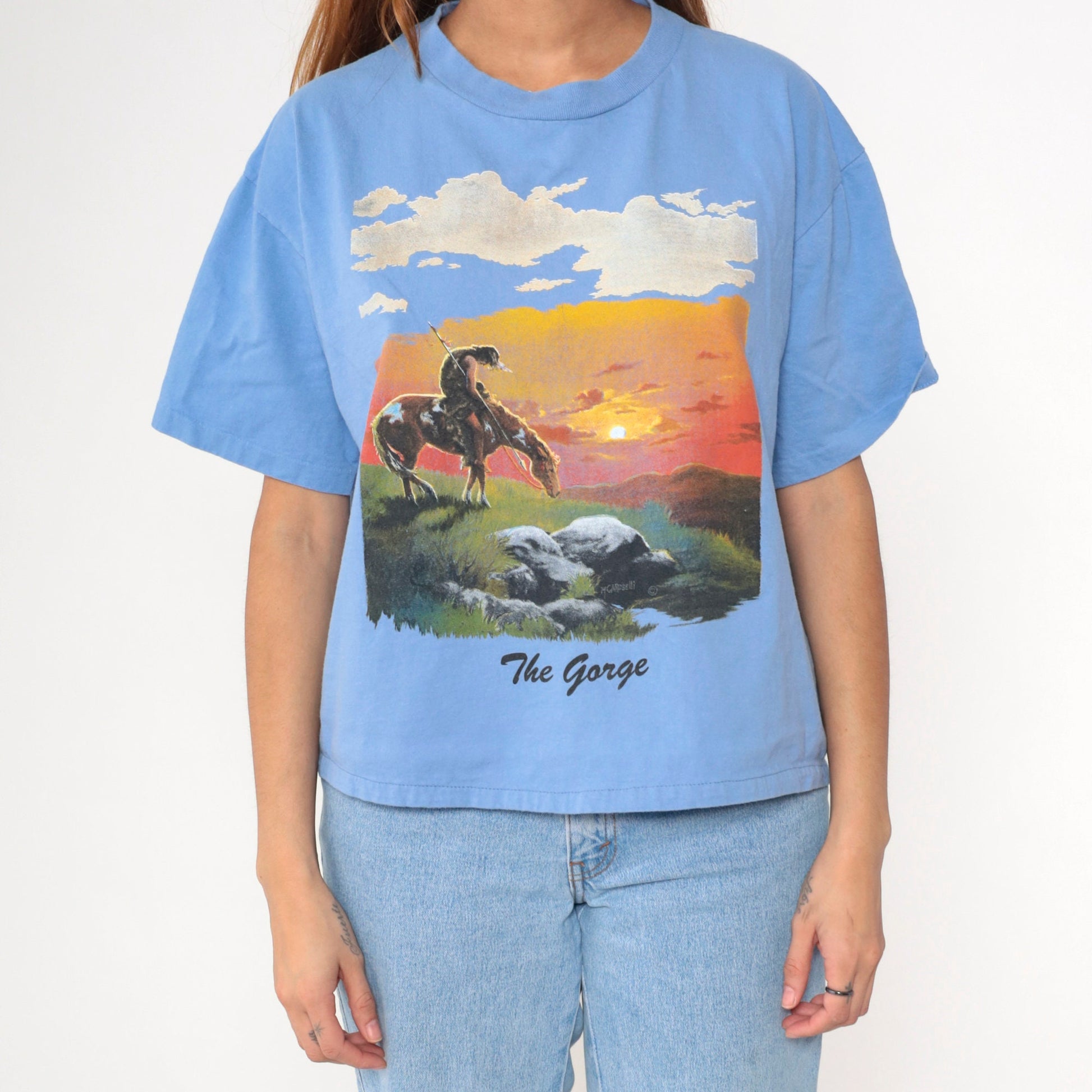 90s End of The Trail Native American Graphic T-Shirt Blue Large L