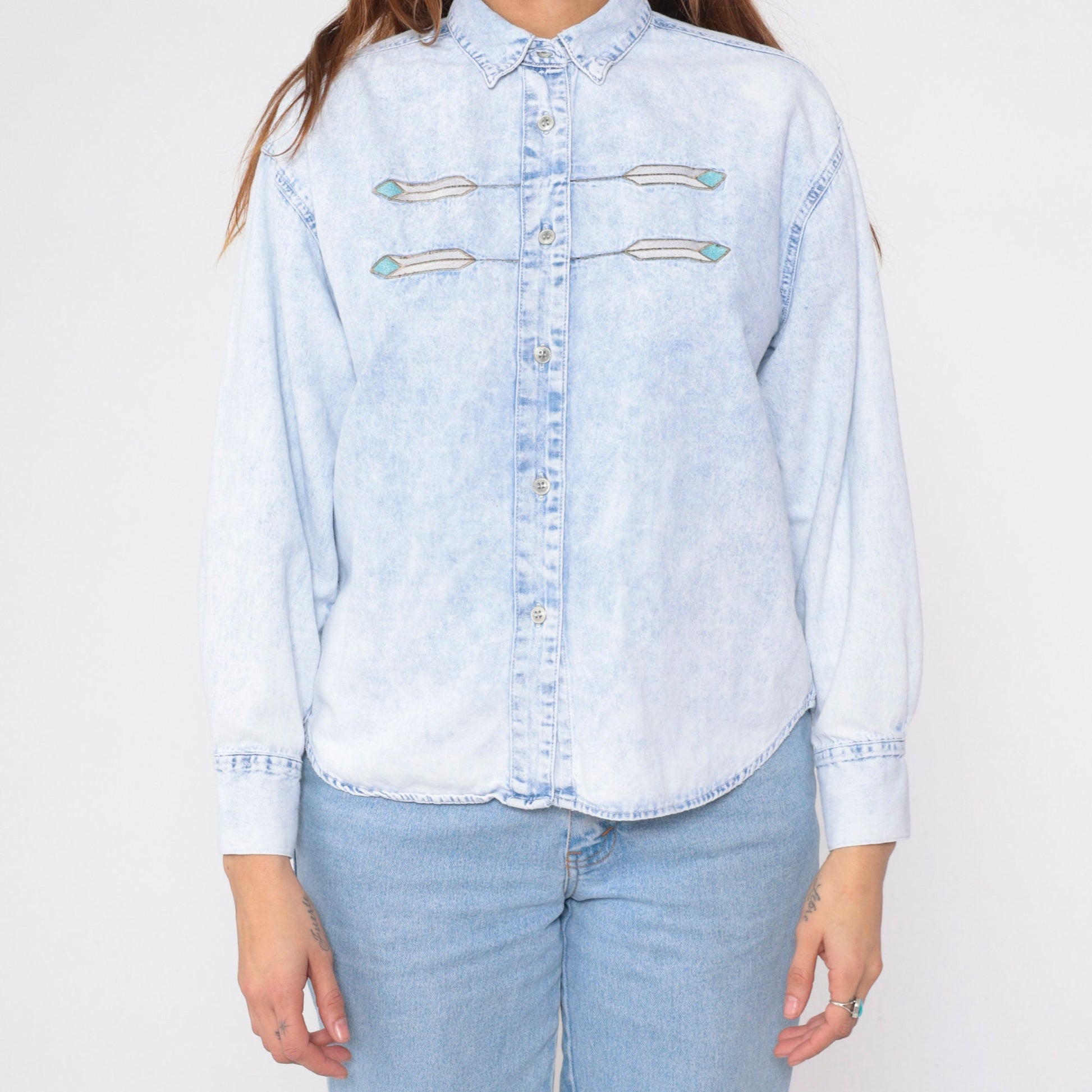 90s Jordache Denim Shirt Light Blue Embroidered Feather Southwestern Button Up Medium