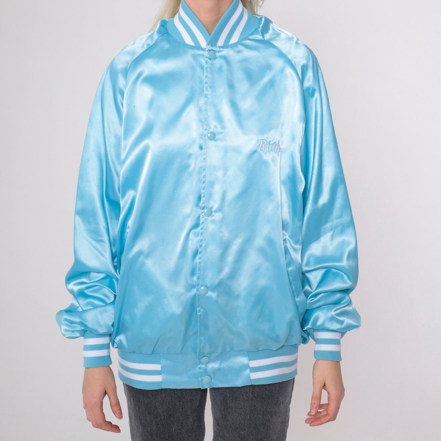 80s Winterhaven RV Resort Satin Bomber Jacket Baby Blue Roadrunner Extra Large