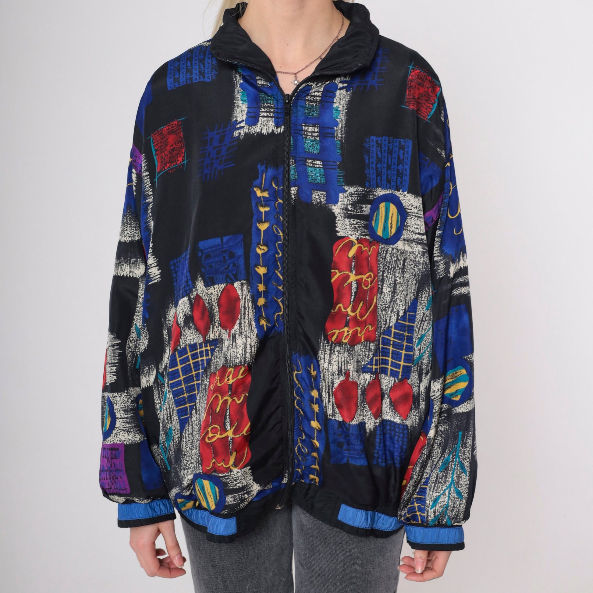 90s Patchwork Windbreaker Black Checkered Abstract Full Zip Jacket Medium