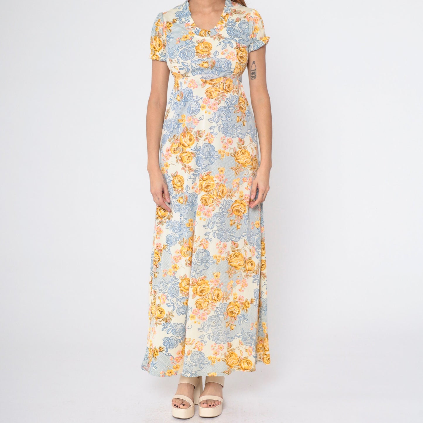 70s Floral Maxi Dress Empire Waist Puff Sleeve Cream Rose Print Small S