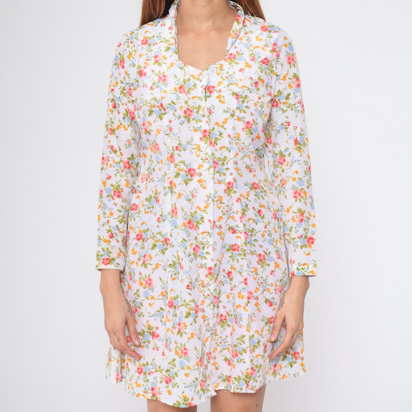 90s White Floral Mini Dress Button-Up Long Sleeve Ditsy Print Medium M