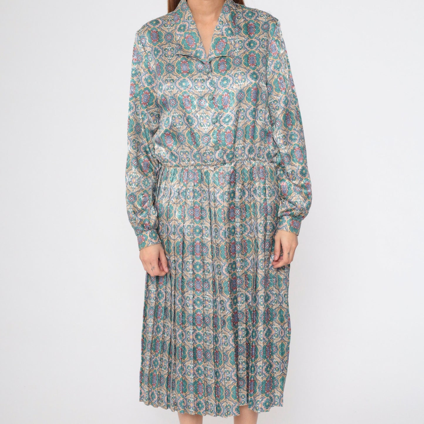 80s Shirtwaist Midi Dress Floral Mandala Print High Waisted Pleated Medium