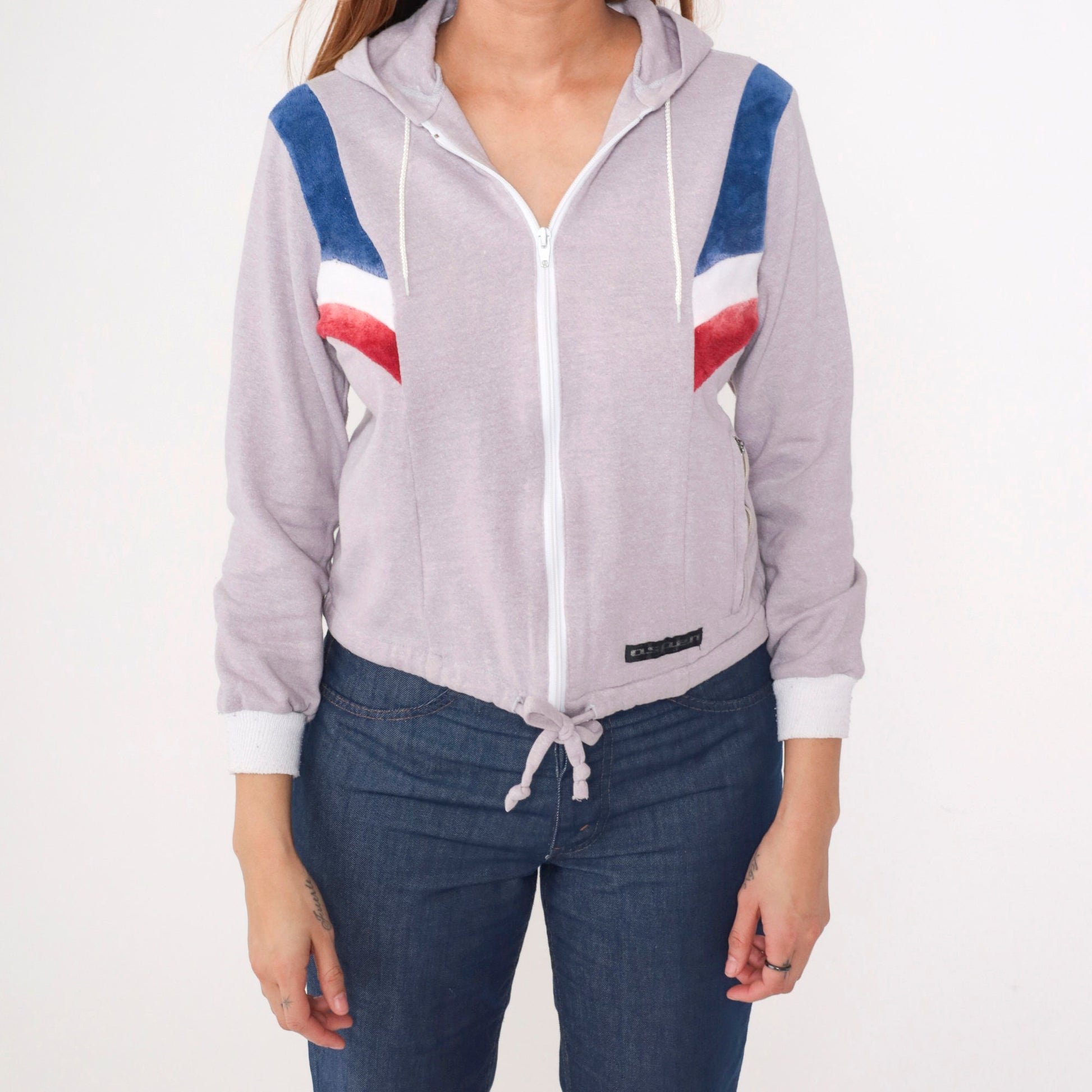 80s Aspen Hooded Track Jacket Grey Velour Striped Zip-Up Hoodie Small
