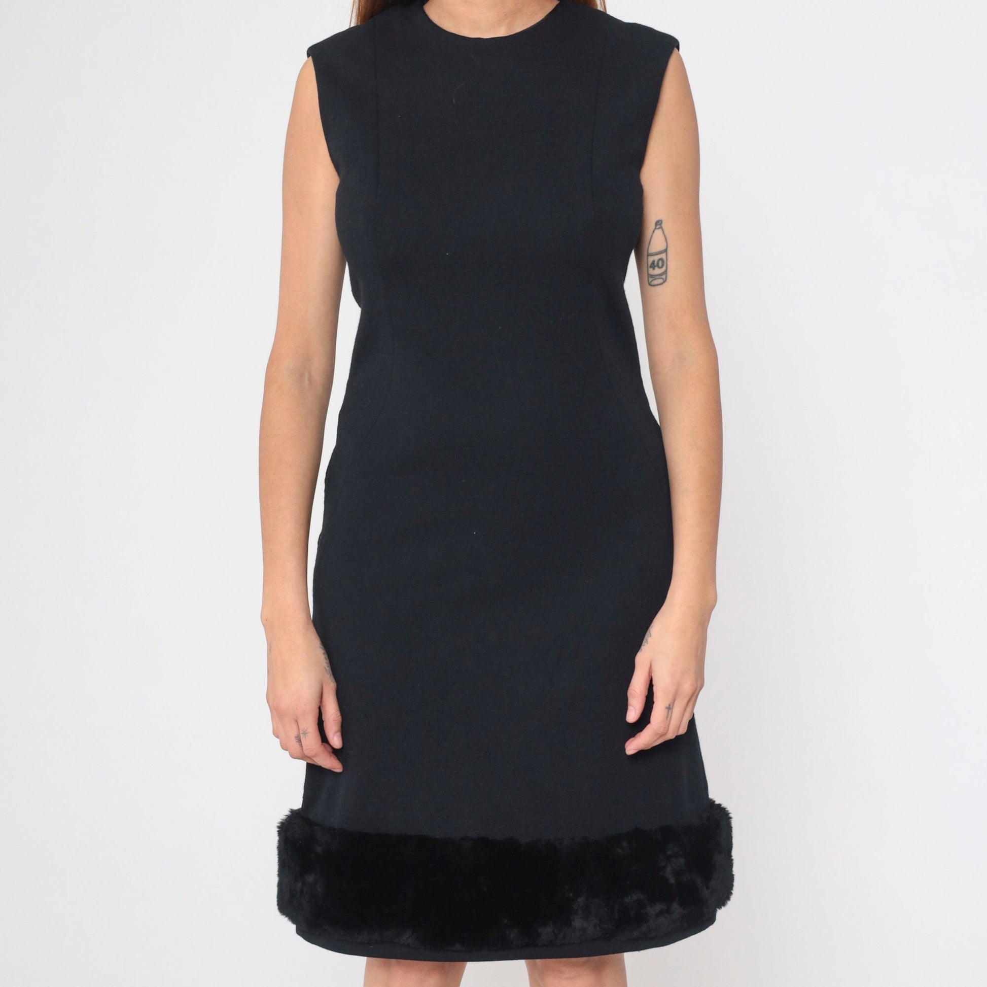 60s Black Wool Shift Dress Faux Fur Trim Mini – Shopexile