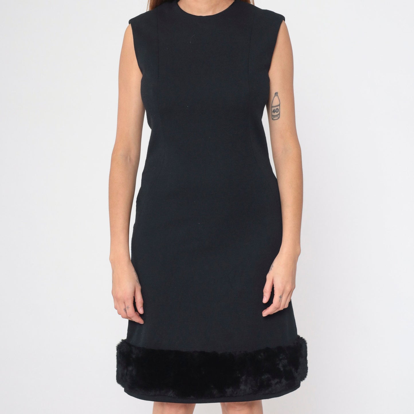 60s Miss Jean Black Wool Shift Dress Faux Fur Trim Mini Sleeveless Small