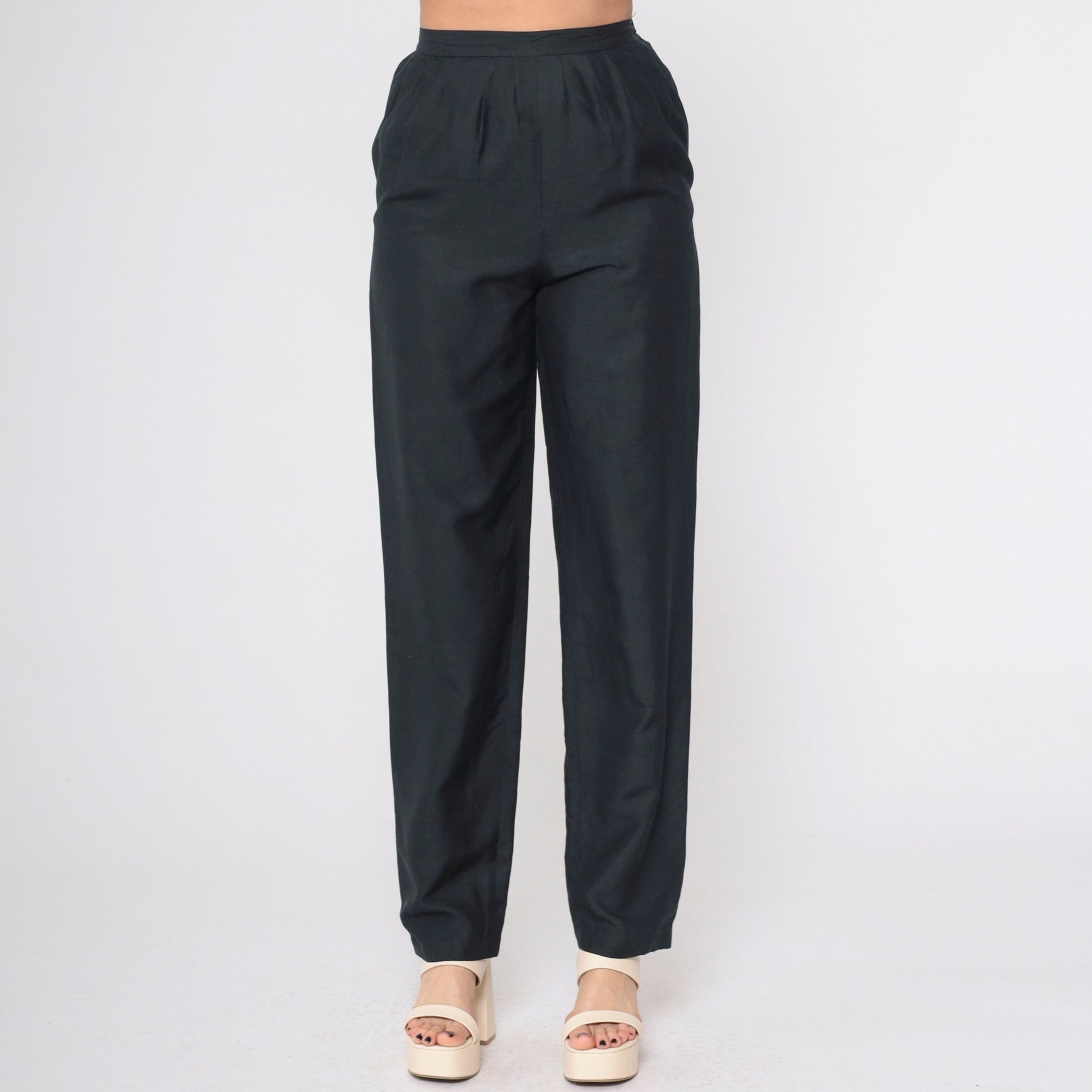 80s Black Silk Pleated Trousers High Waisted Straight Leg Small