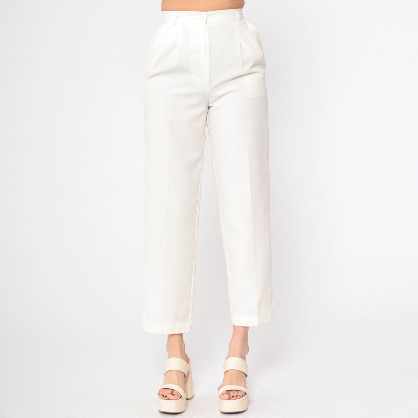 80s Off-White Pleated High-Waisted Straight Leg Trousers Extra Small