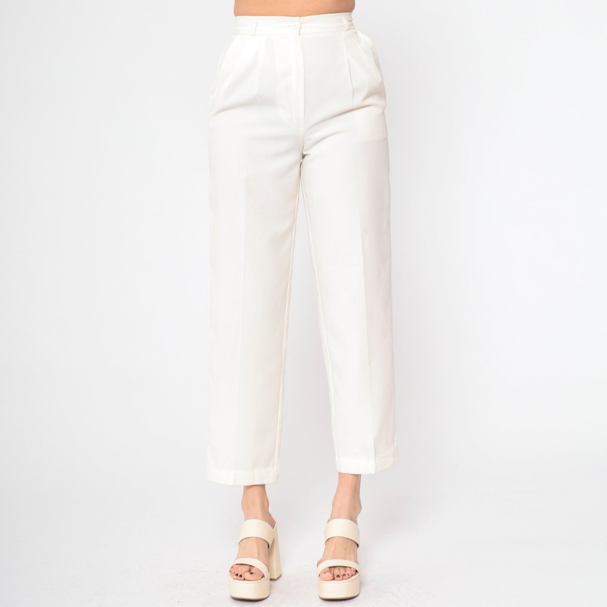 80s Off-White Pleated High-Waisted Straight Leg Trousers Extra Small