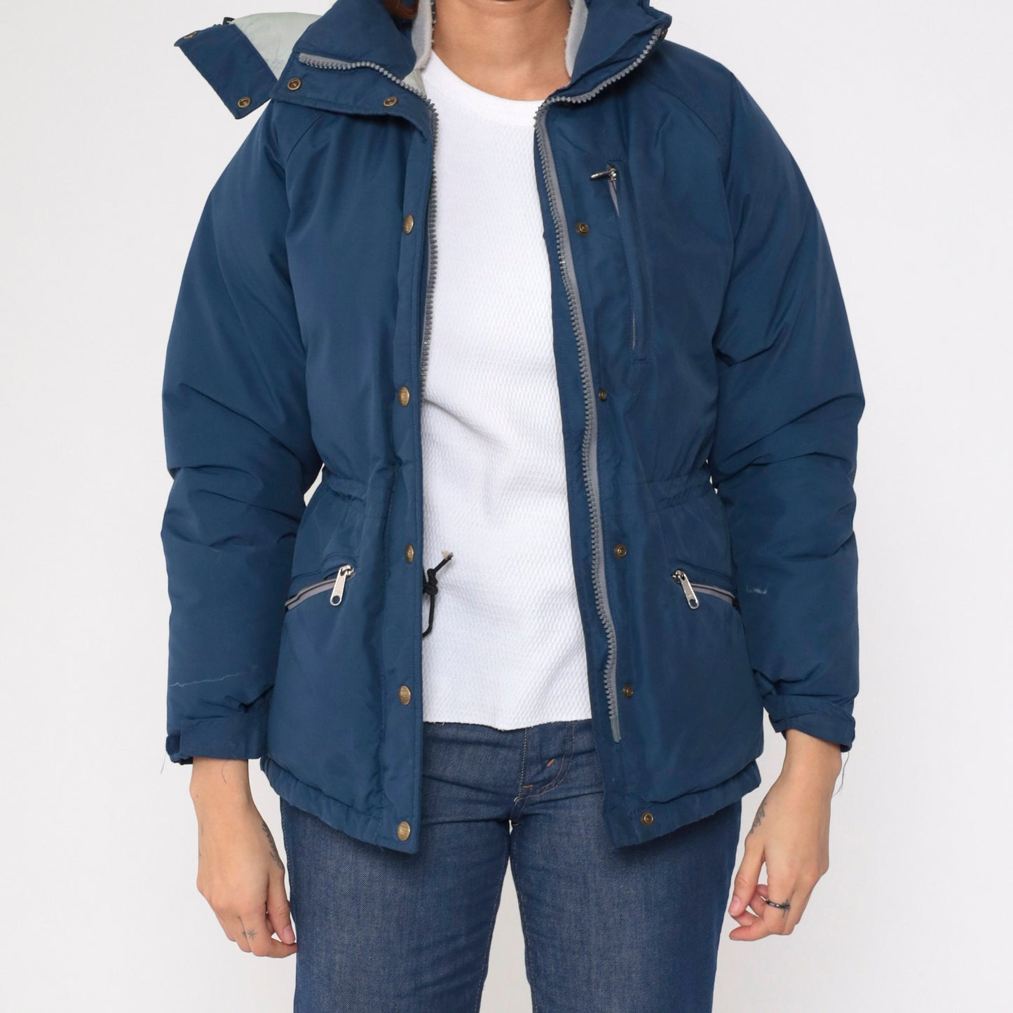 80s LL Bean Blue Goretex Down Puffer Ski Jacket Hood Small S