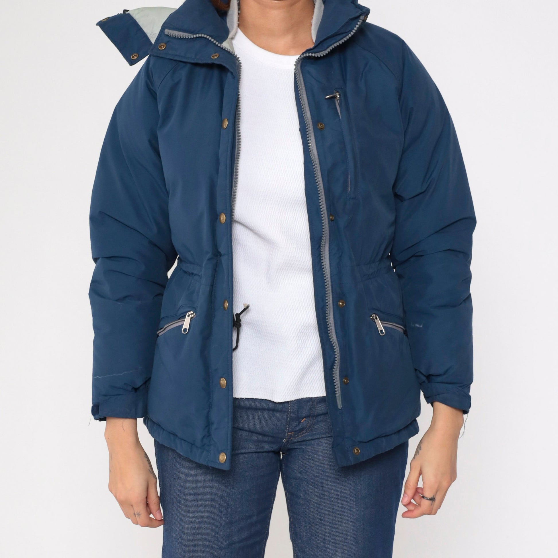 80s LL Bean Blue Goretex Down Puffer Ski Jacket Hood Small S