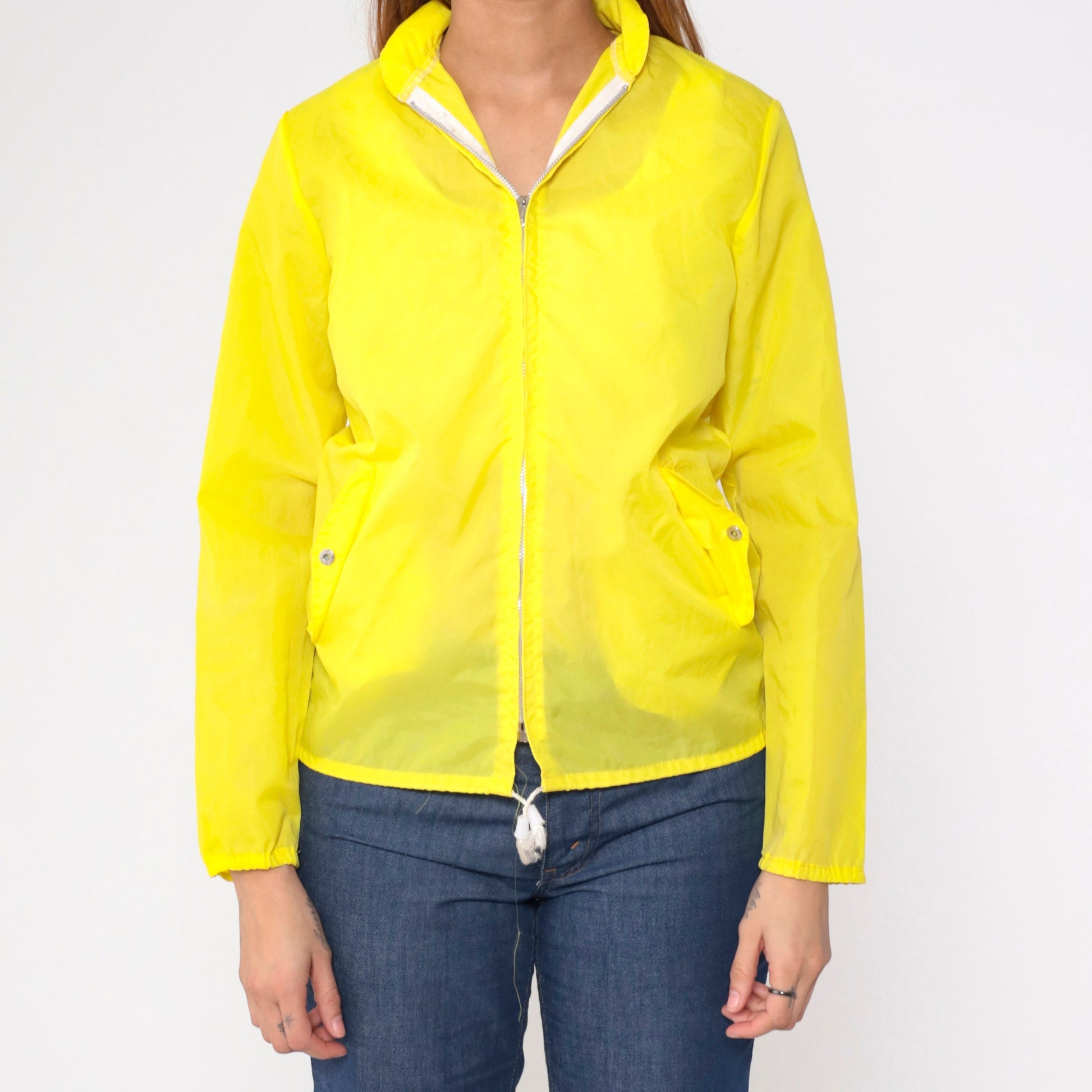70s Yellow Nylon Windbreaker Jacket Semi-Sheer Zip-Up Extra Small