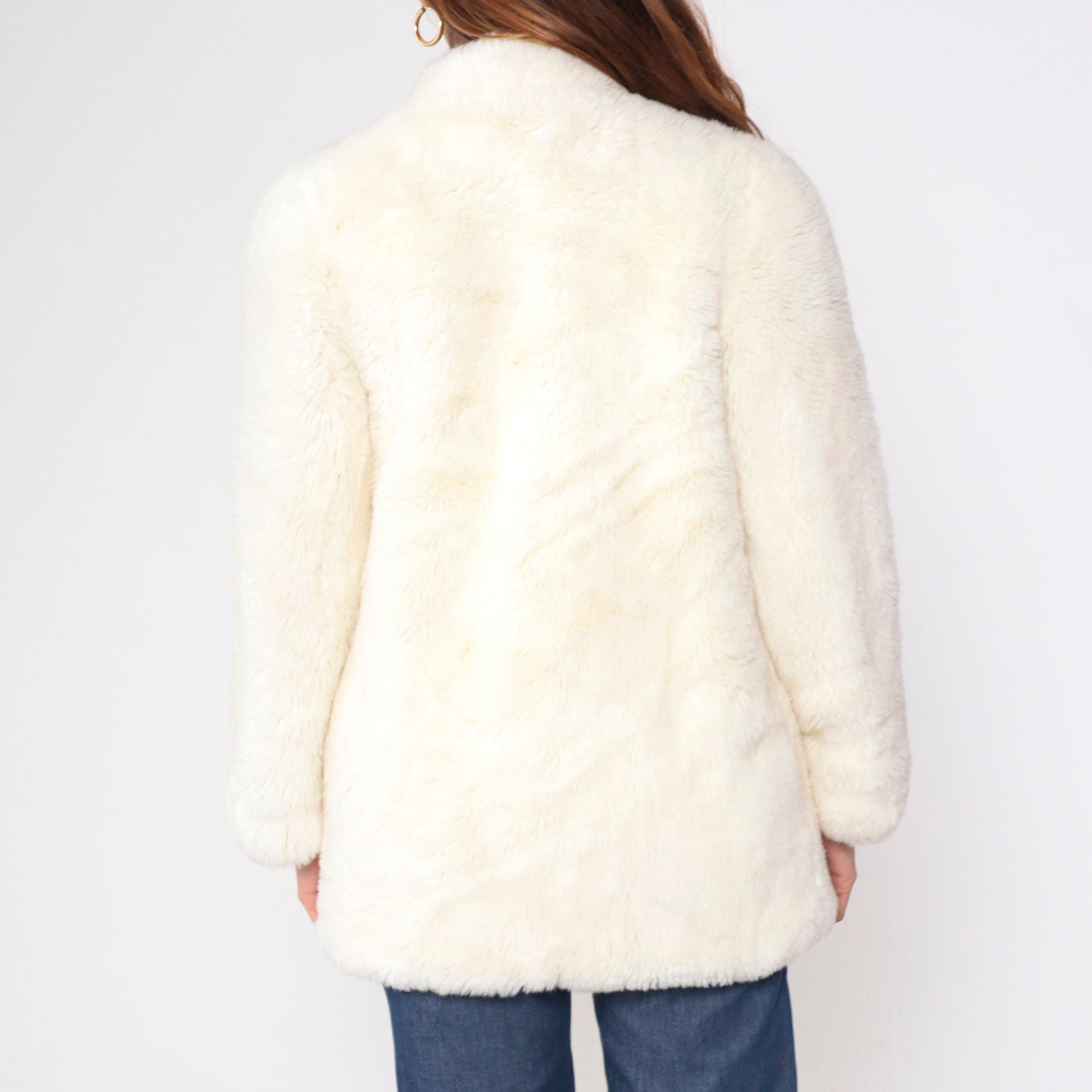 80s Cream Faux Fur Coat Hook Eye Closure Vintage Small S
