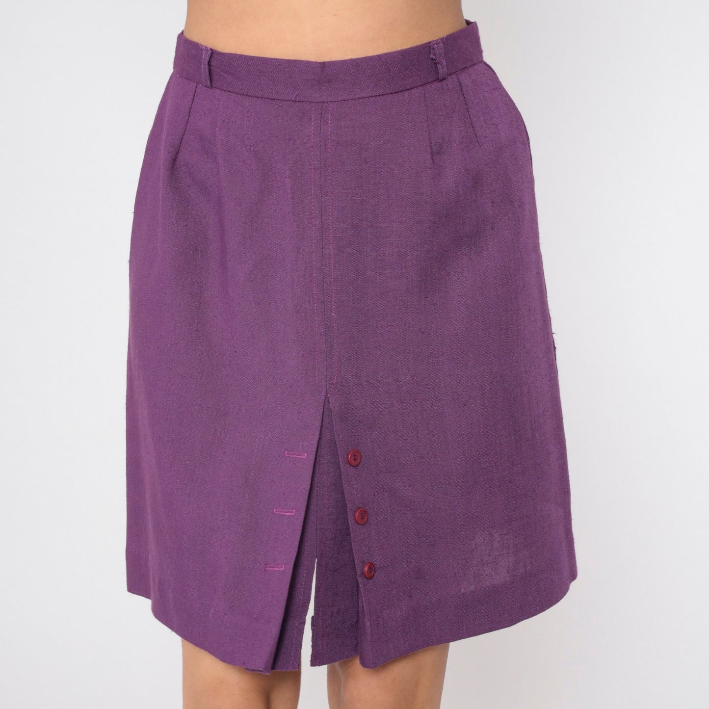 80s Purple Pencil Skirt High Waist Pleated Button Front Mini Medium