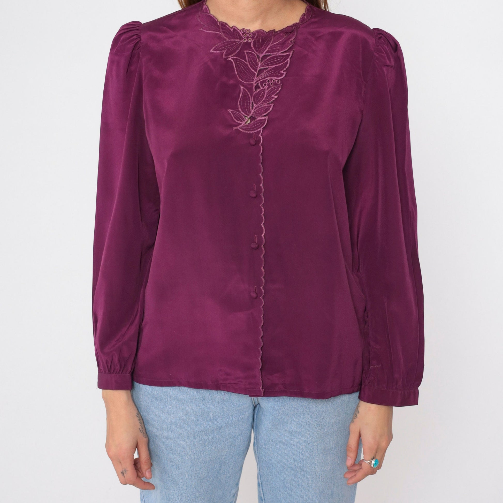 80s Purple Satin Blouse Puff Sleeve Embroidered Cutwork Button-Up Large