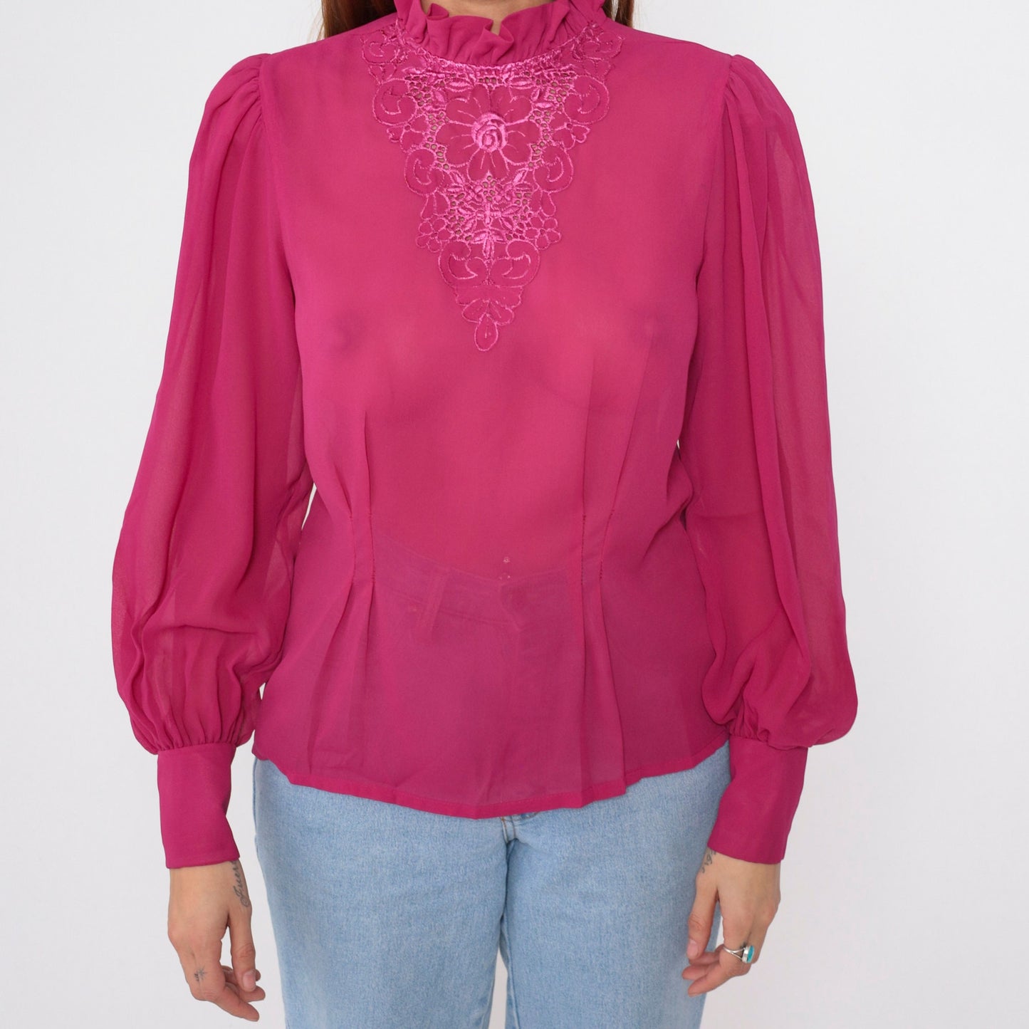80s Fuchsia Embroidered Chiffon Blouse Puff Sleeve Floral Cutout Medium